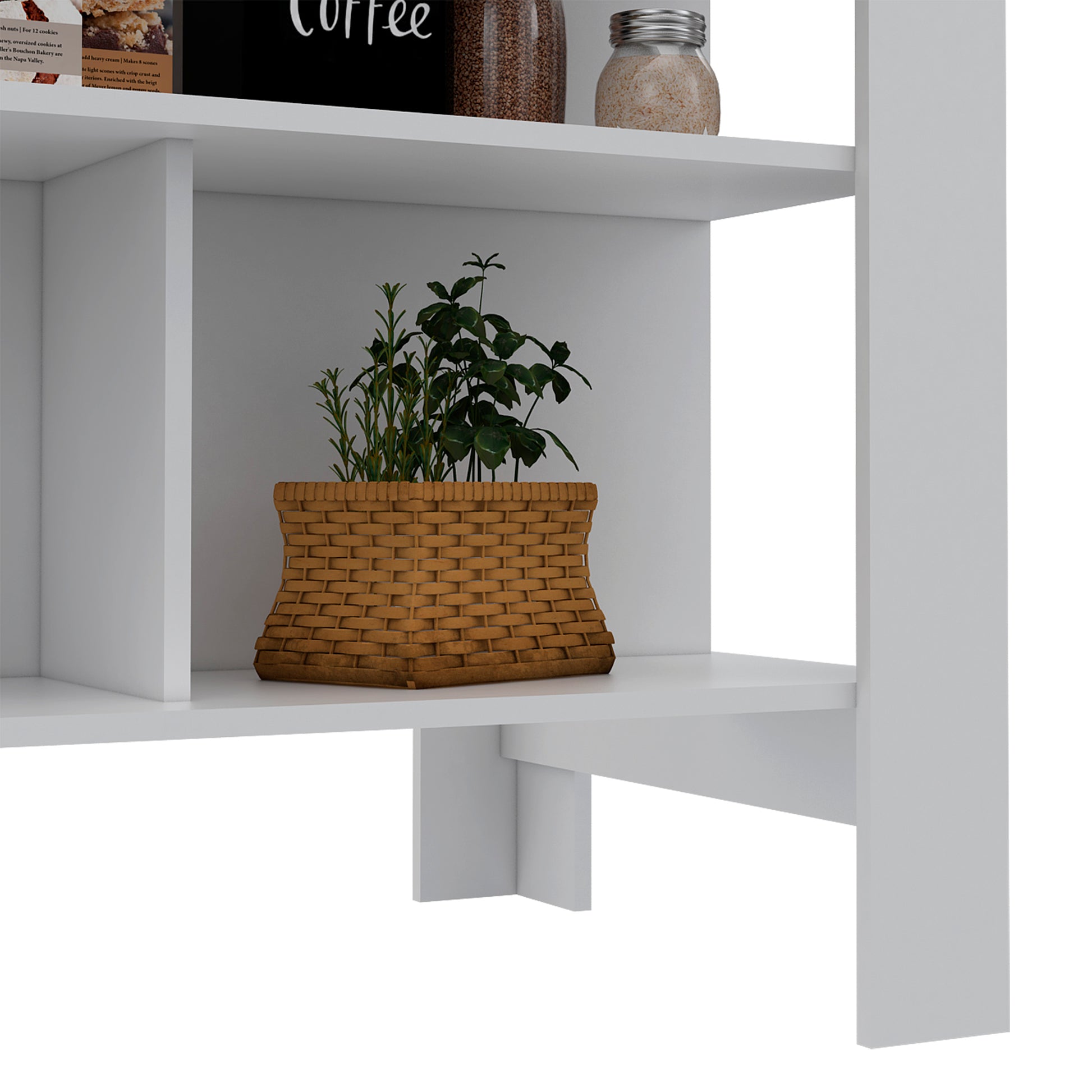 White modern shelf unit holding a woven planter with green herbs
