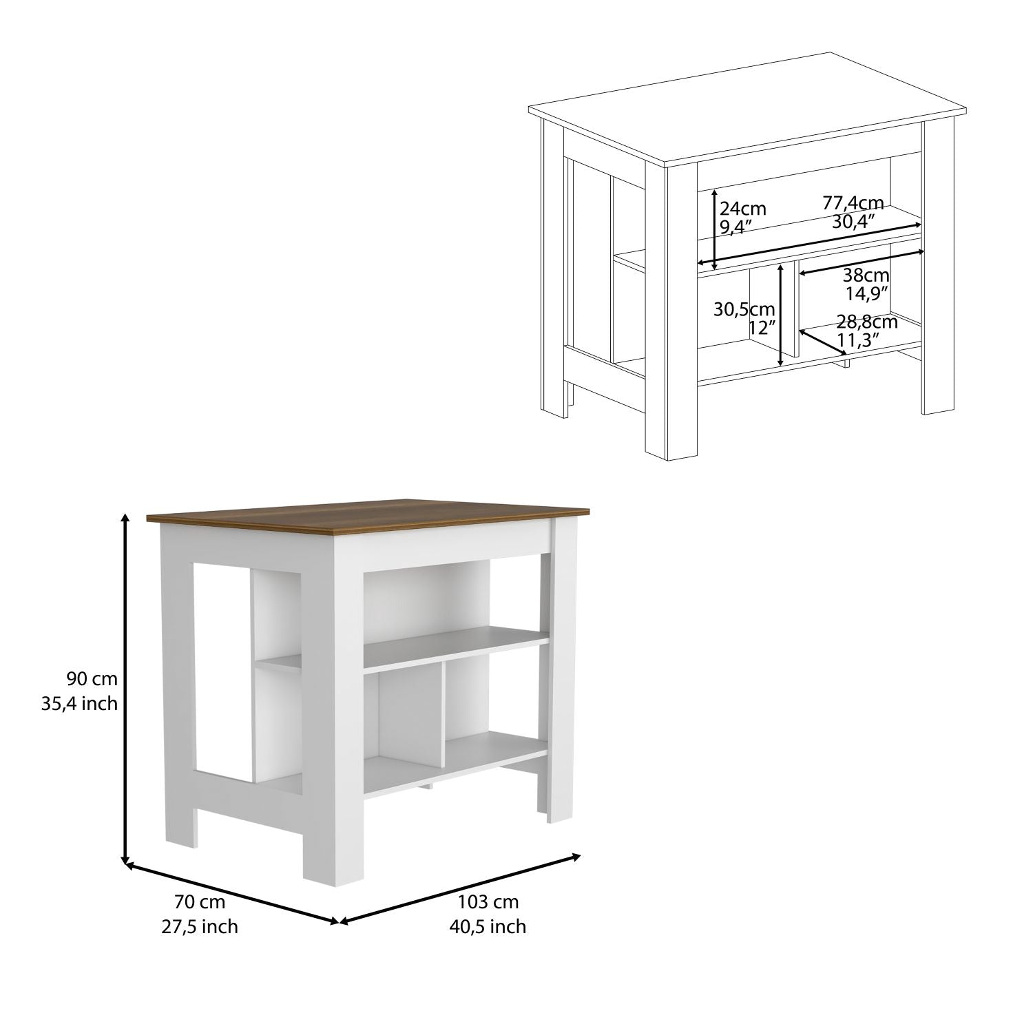 White and wood kitchen island with open shelving