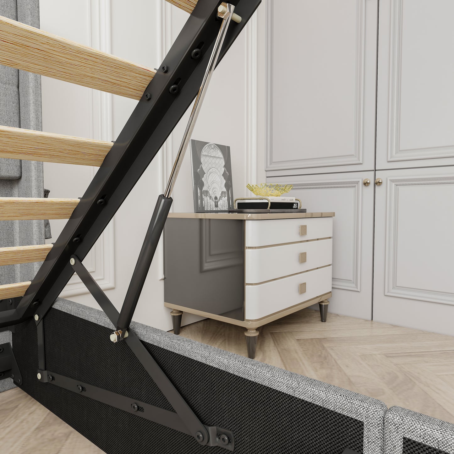 Lift mechanism for upholstered bed frame with wooden slats