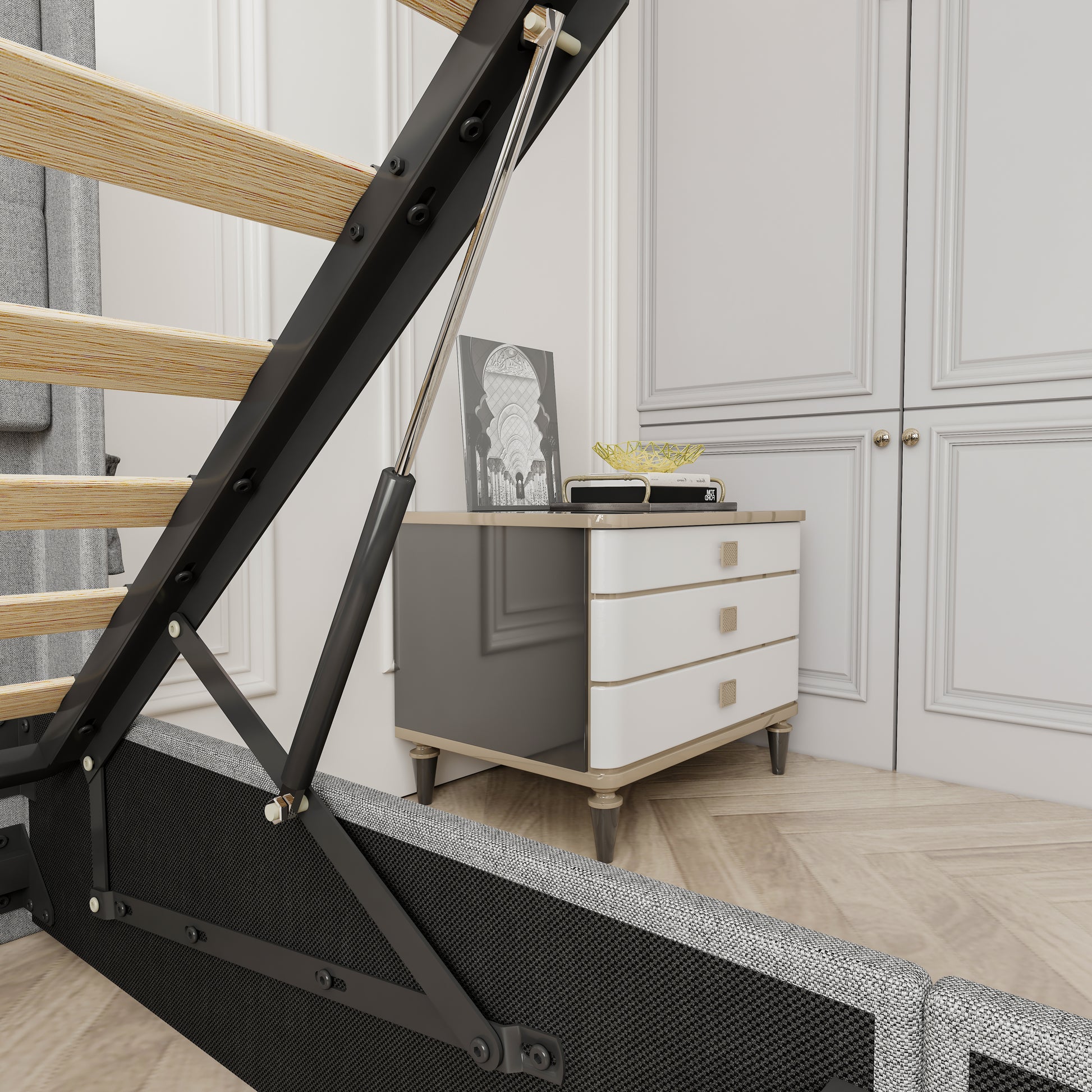 Lift mechanism for upholstered bed frame with wooden slats