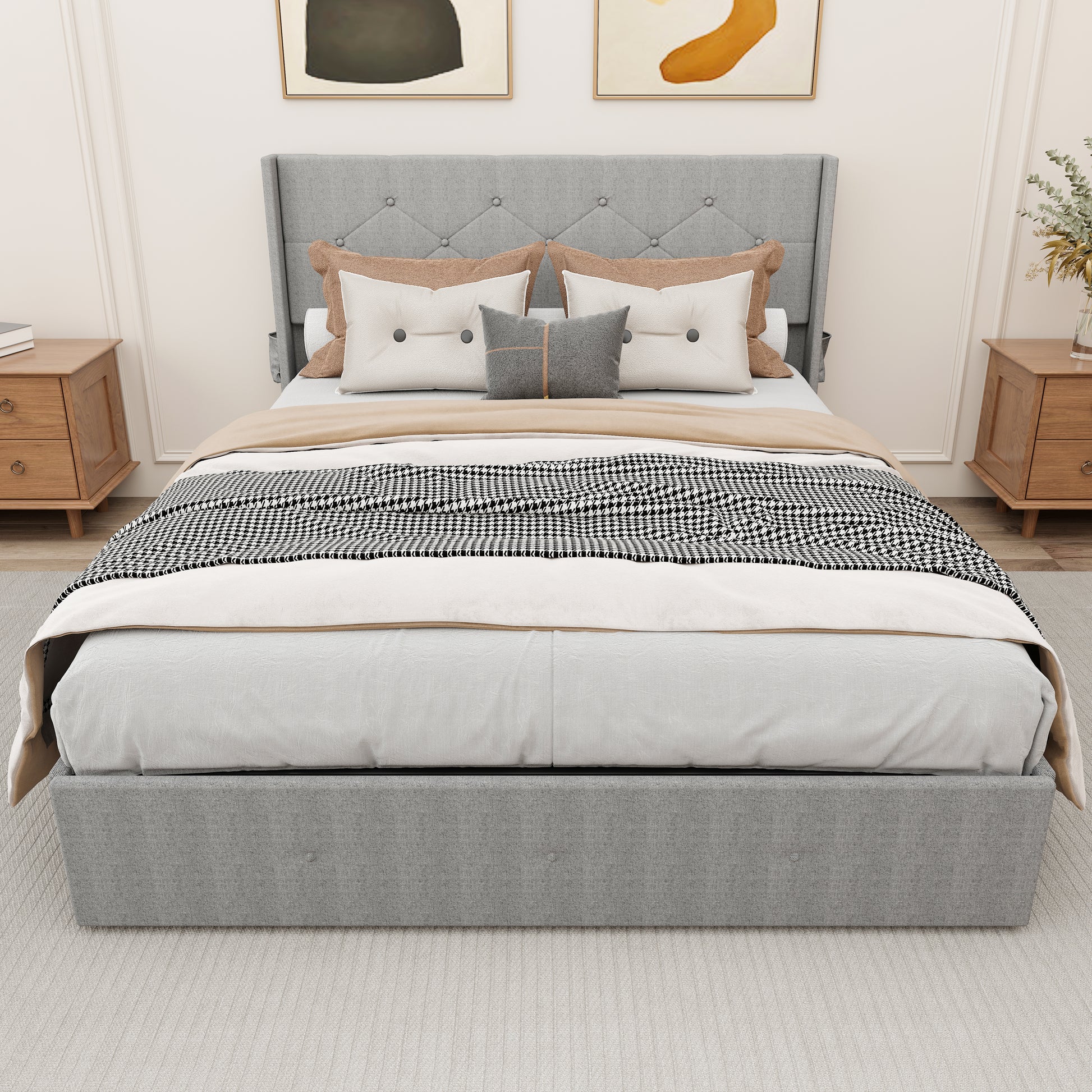 Tufted grey upholstered bed with diamond pattern on headboard and tufted base