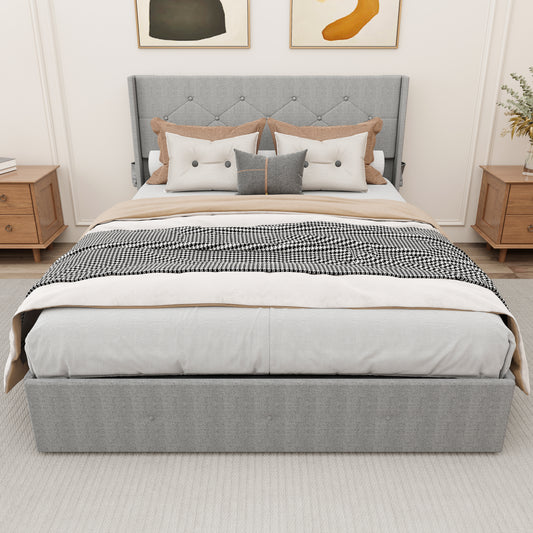 Tufted grey upholstered bed with diamond pattern on headboard and tufted base