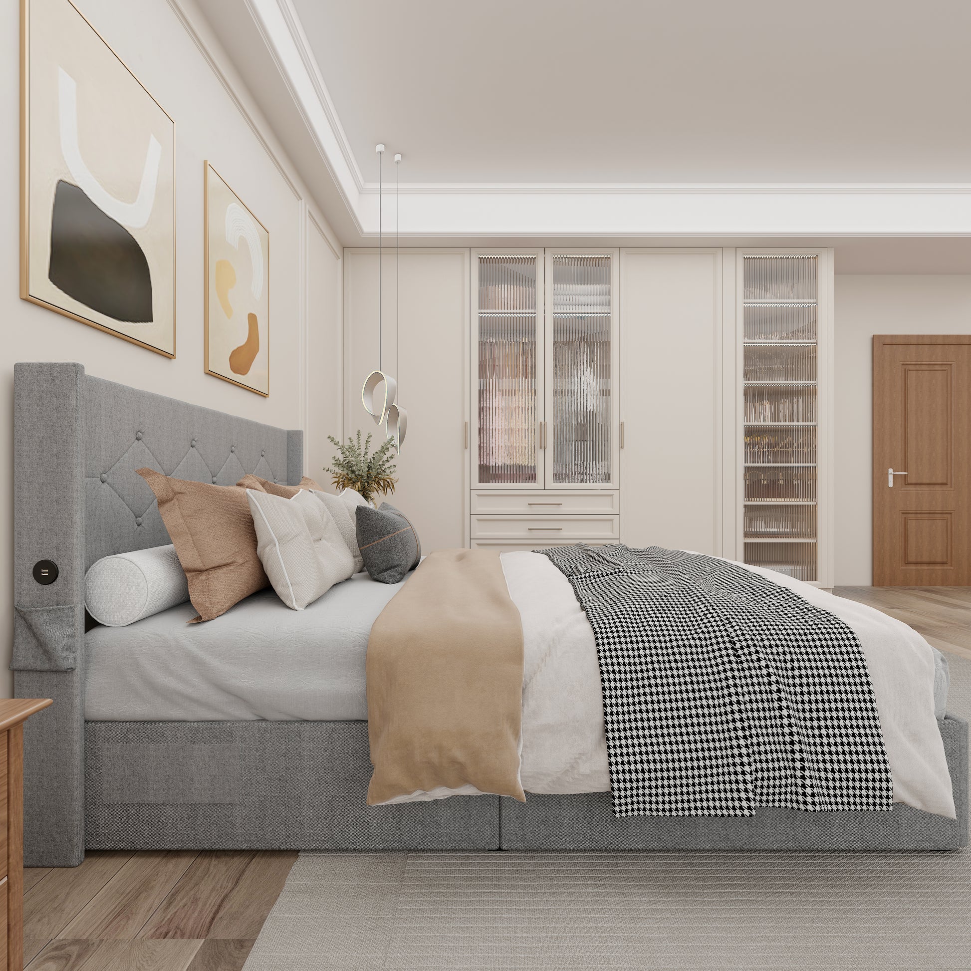 Tufted grey fabric bed frame with builtin USB charging ports and attached nightstand