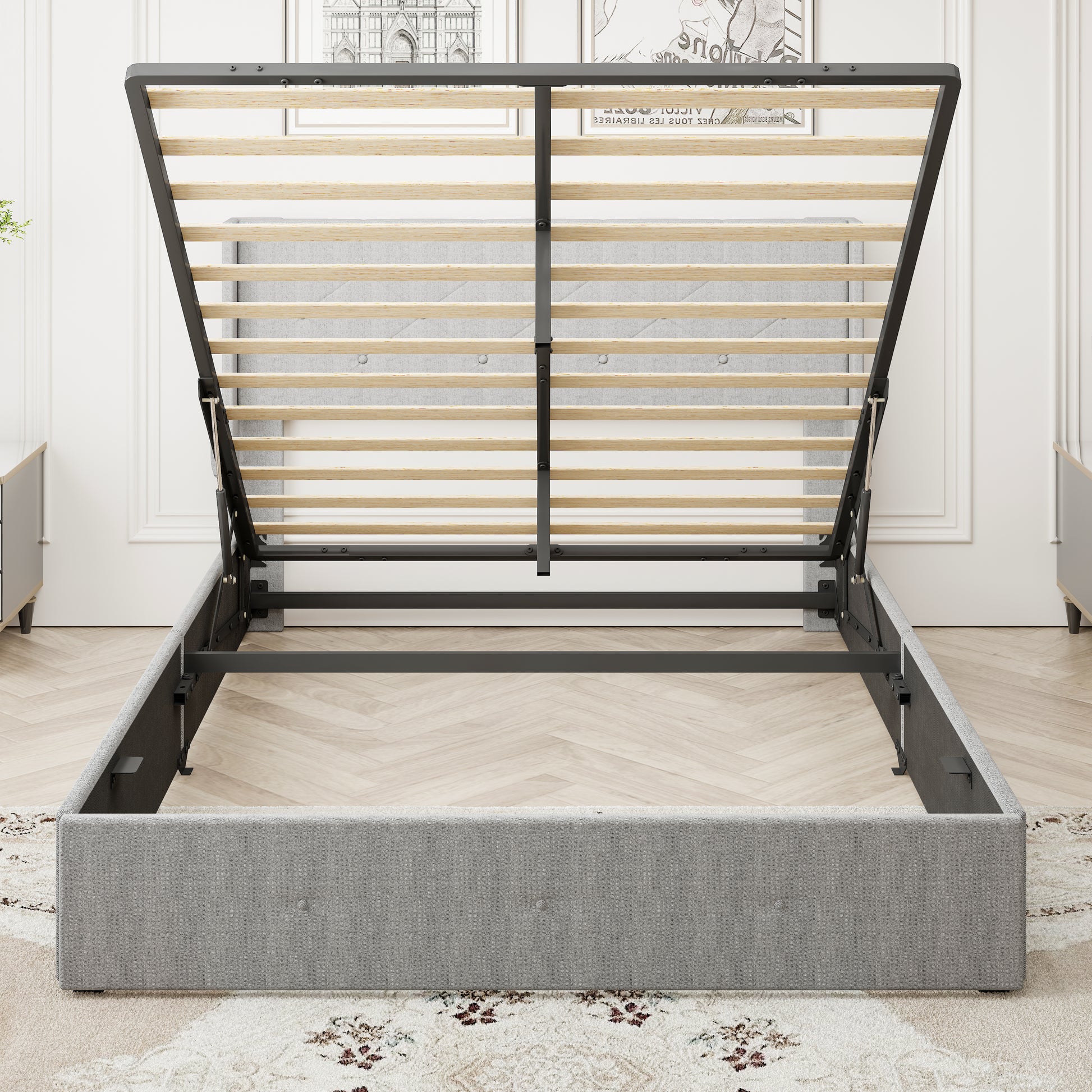 Gray upholstered platform bed frame with open storage lift mechanism