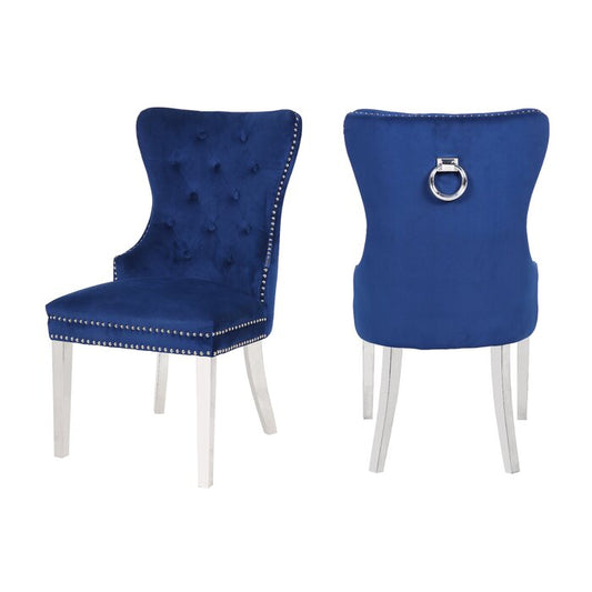 Tufted royal blue velvet dining chair with silver nailhead trim