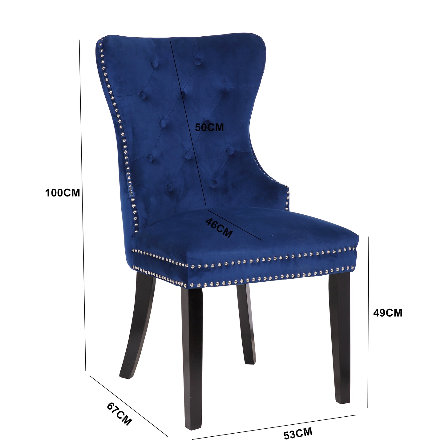 Tufted navy velvet wingback chair with silver nailhead trim and dark wood legs