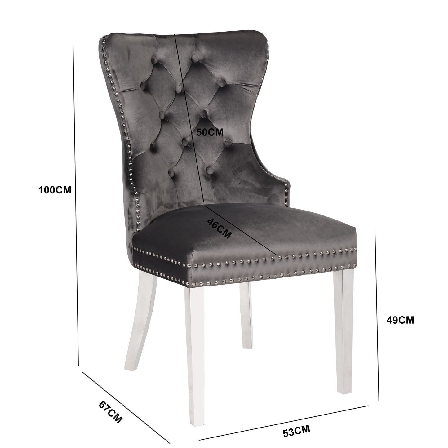 Tufted grey velvet dining chair with chrome nailhead trim and silver legs