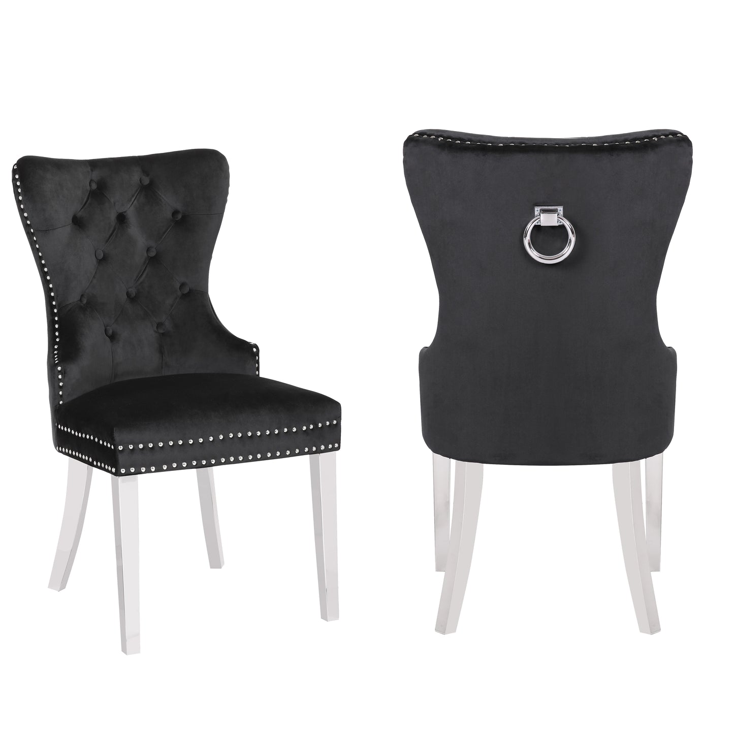 Tufted black velvet dining chair with silver nailhead trim and silver ring pull