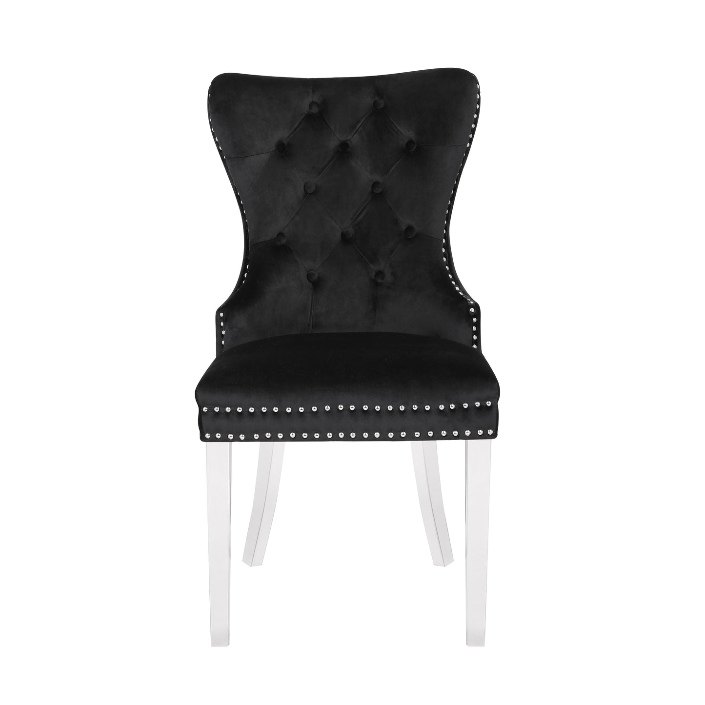 Black velvet dining chair with button tufting and silver nailhead trim