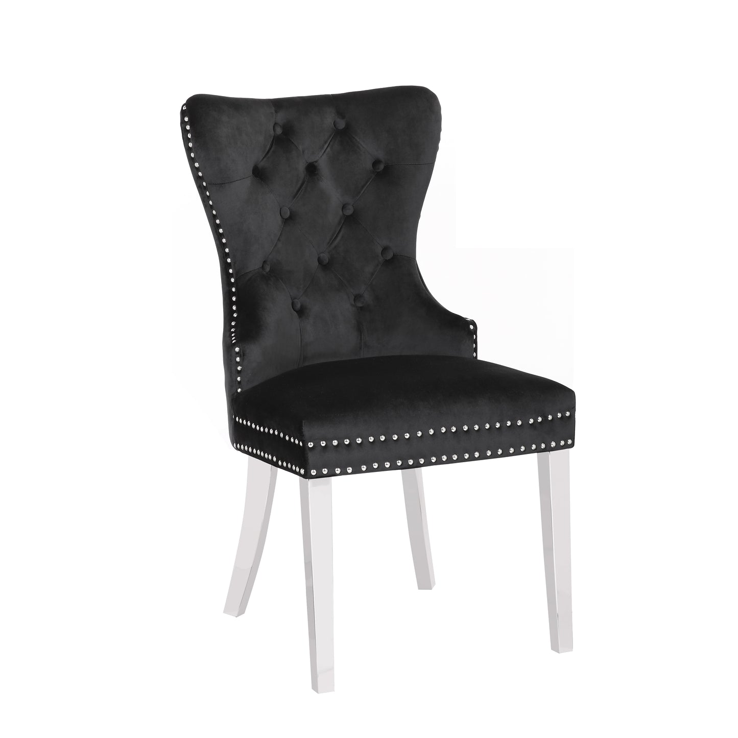 Black velvet dining chair with tufted back and chrome legs