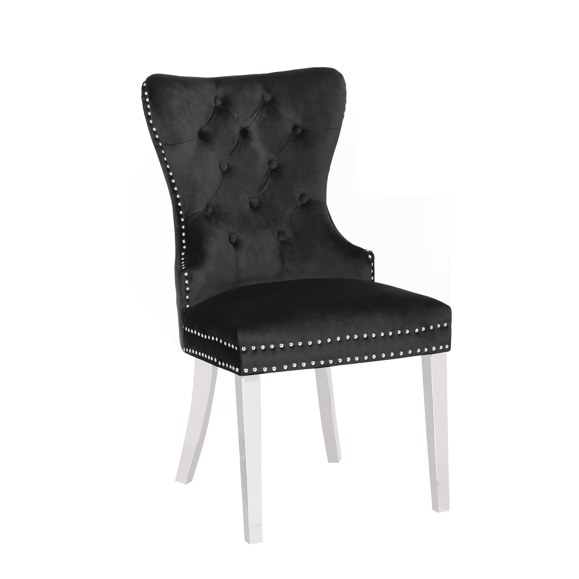Black velvet dining chair with tufted back and chrome legs