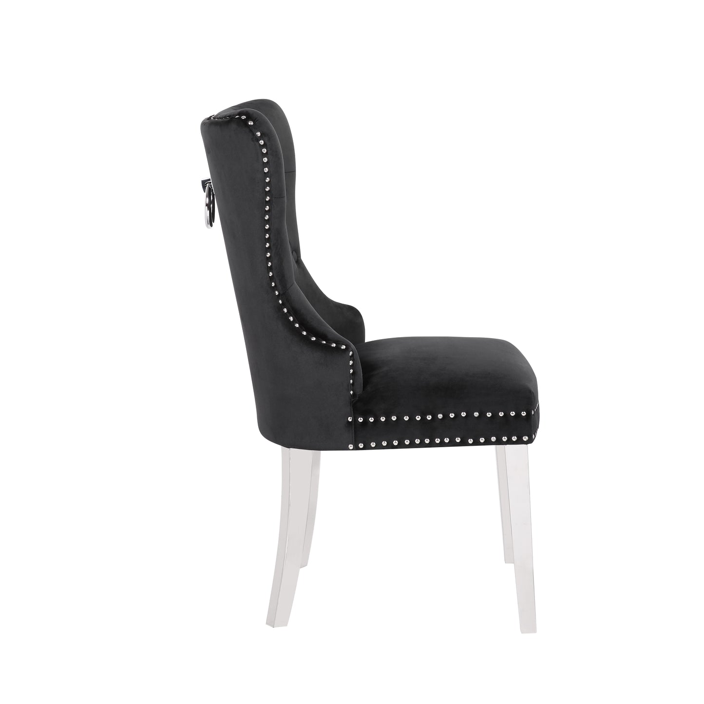 Black velvet dining chair with silver studding and chrome ring pull accent