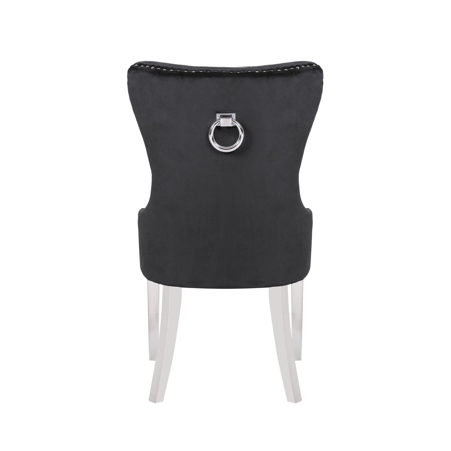 Black velvet dining chair with silver nailhead trim and ring pull handle