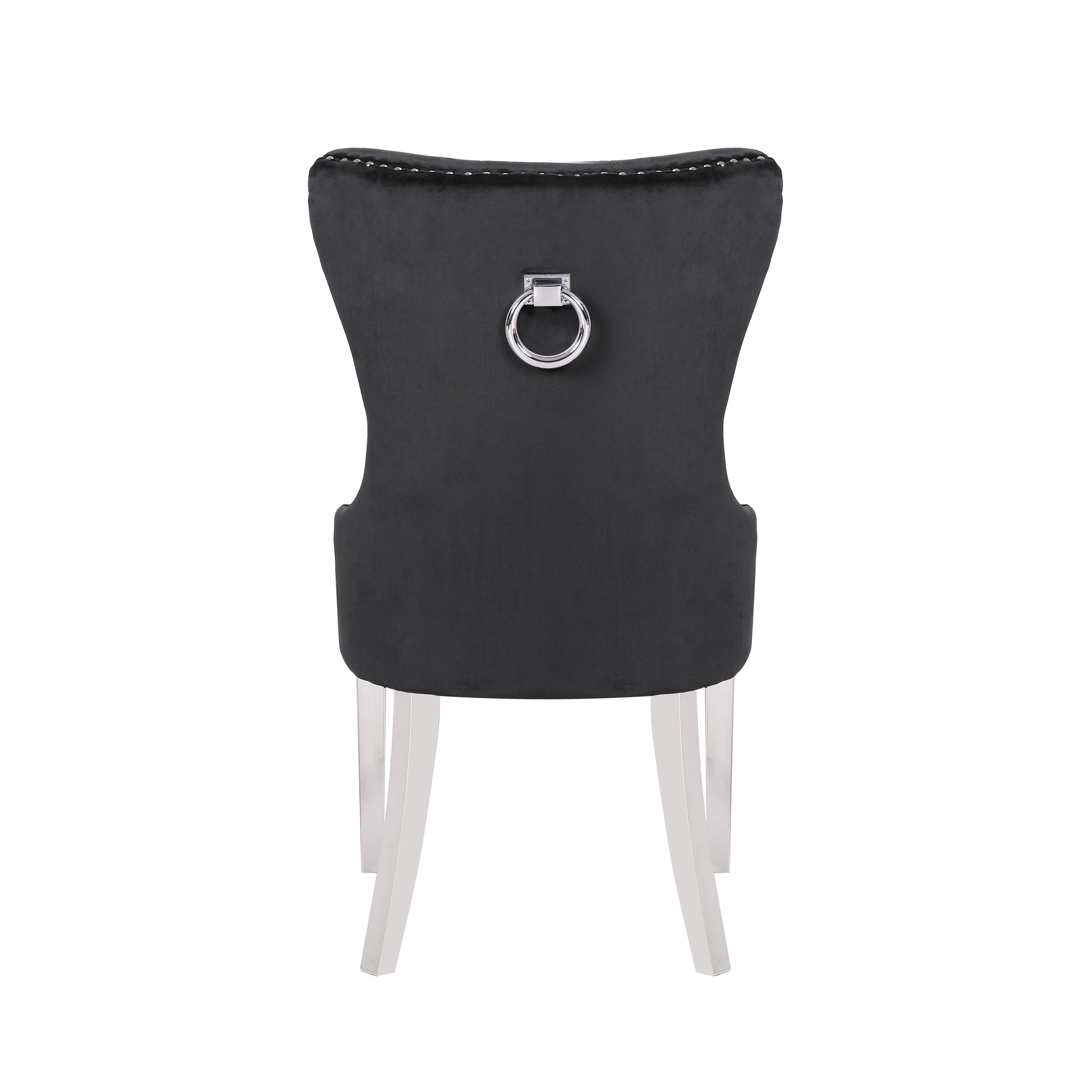 Black velvet dining chair with silver nailhead trim and ring pull handle