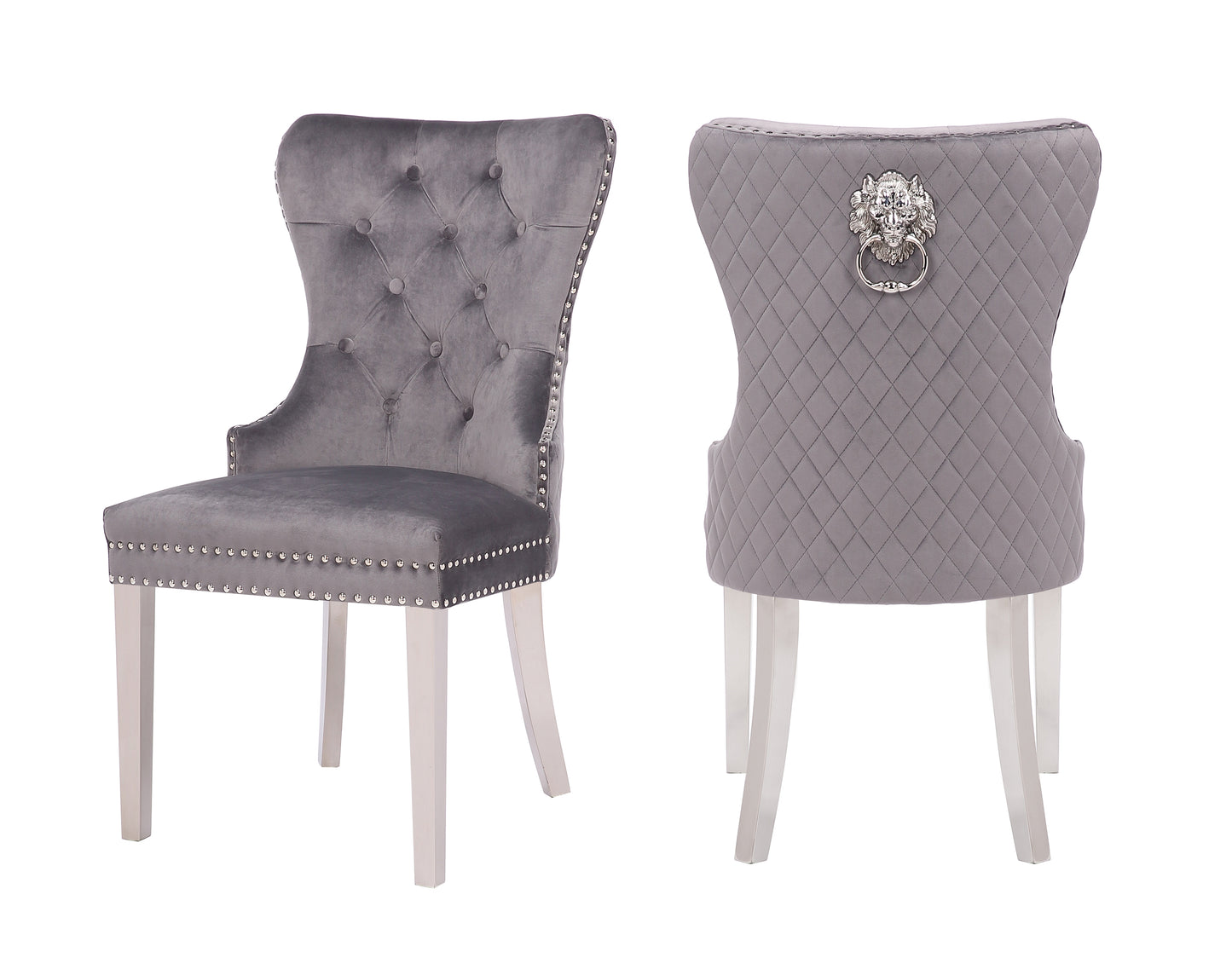 Elegant grey velvet dining chair with silver stud detailing and tufted back