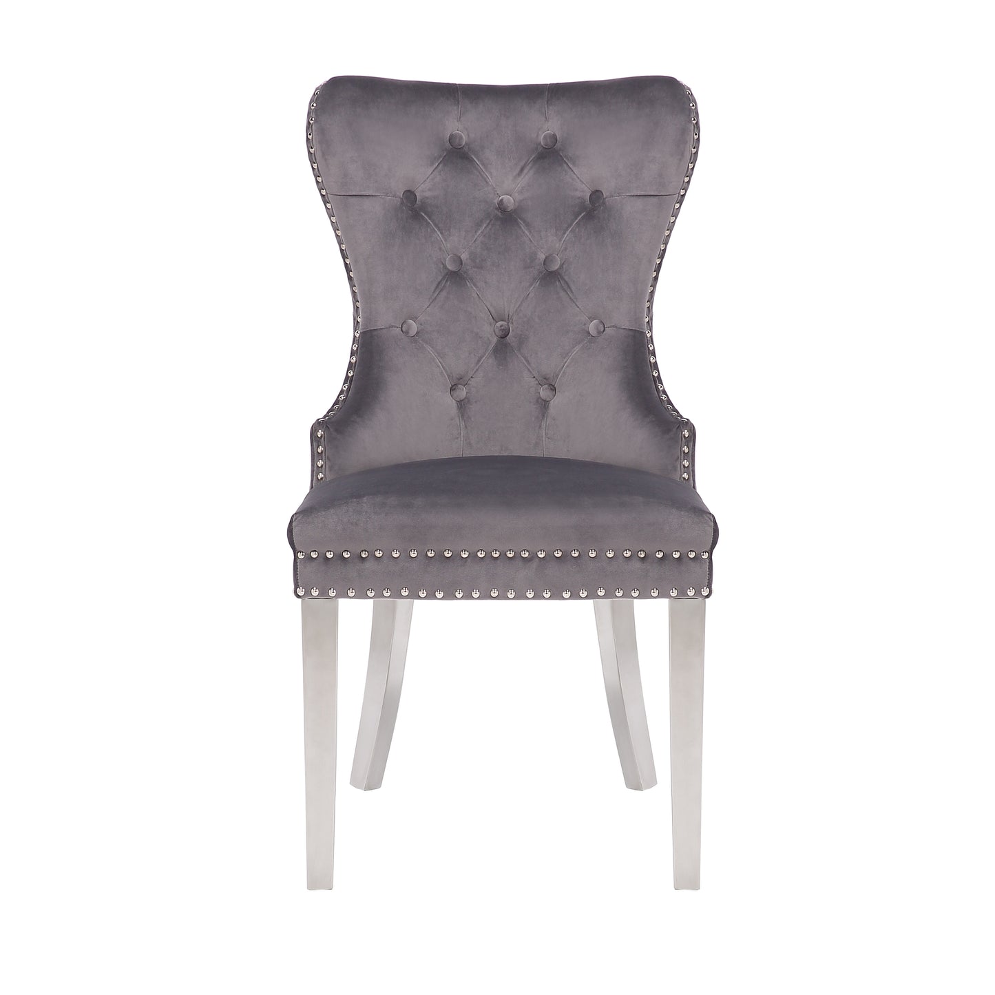 Grey velvet dining chair with tufted back and silver nailhead trim