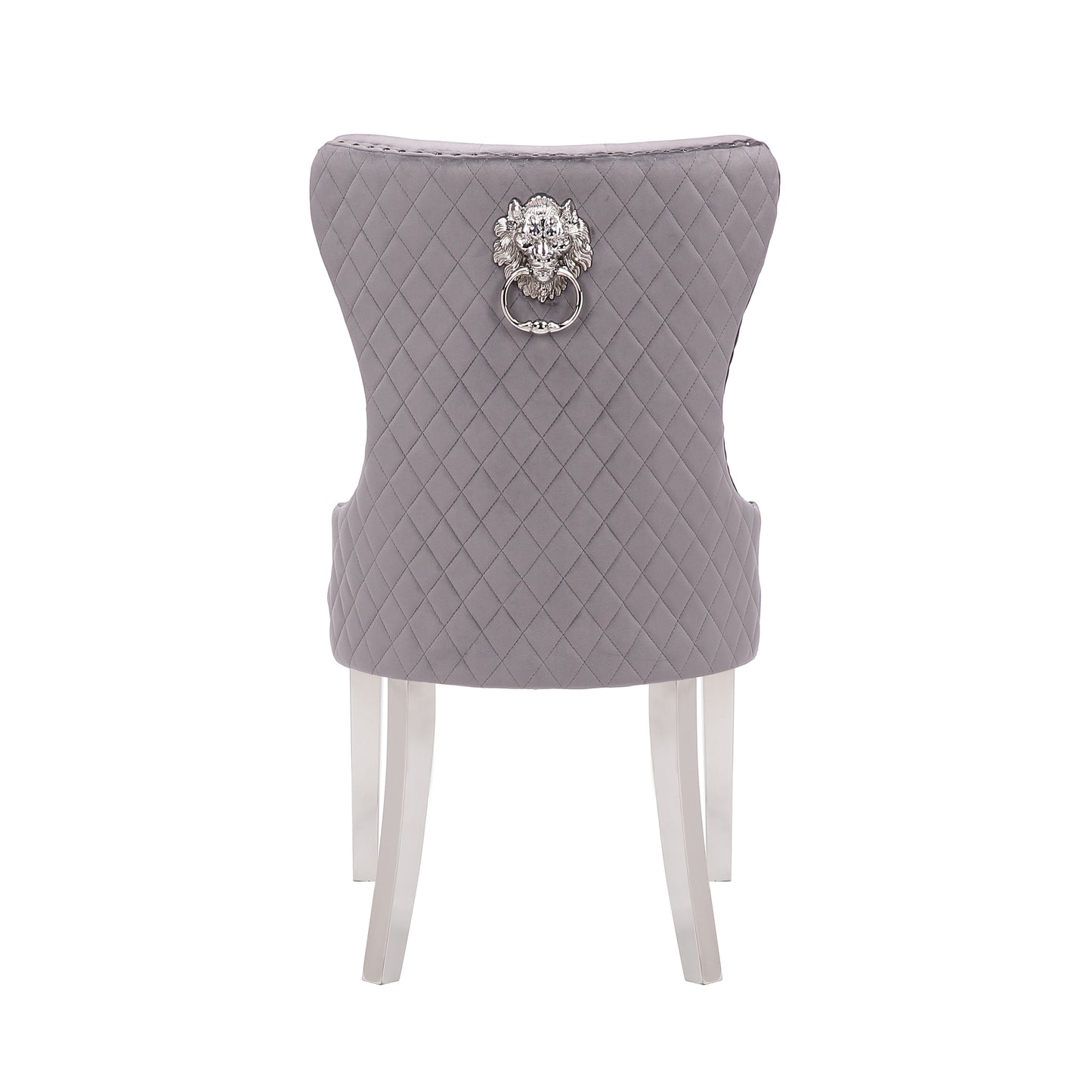 Grey quilted velvet dining chair with lion head knocker on back