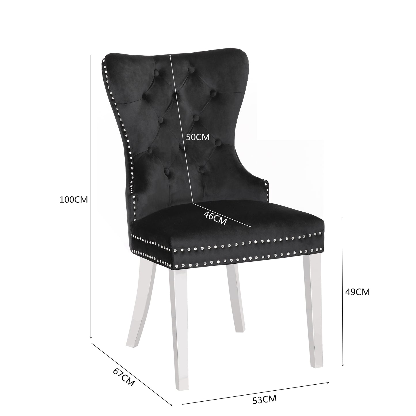 Tufted black velvet dining chair with silver stud accents and chrome legs