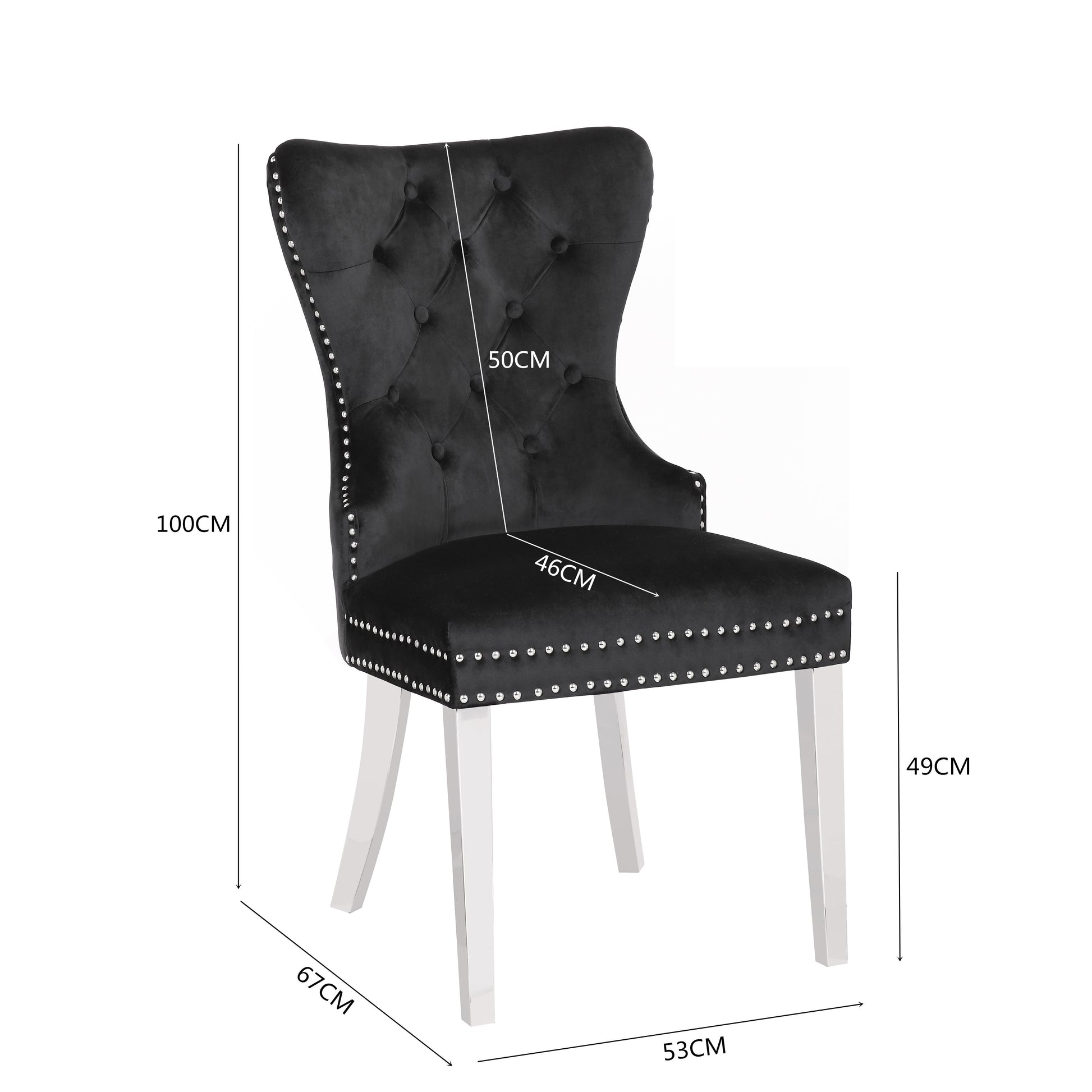 Tufted black velvet dining chair with silver stud accents and chrome legs