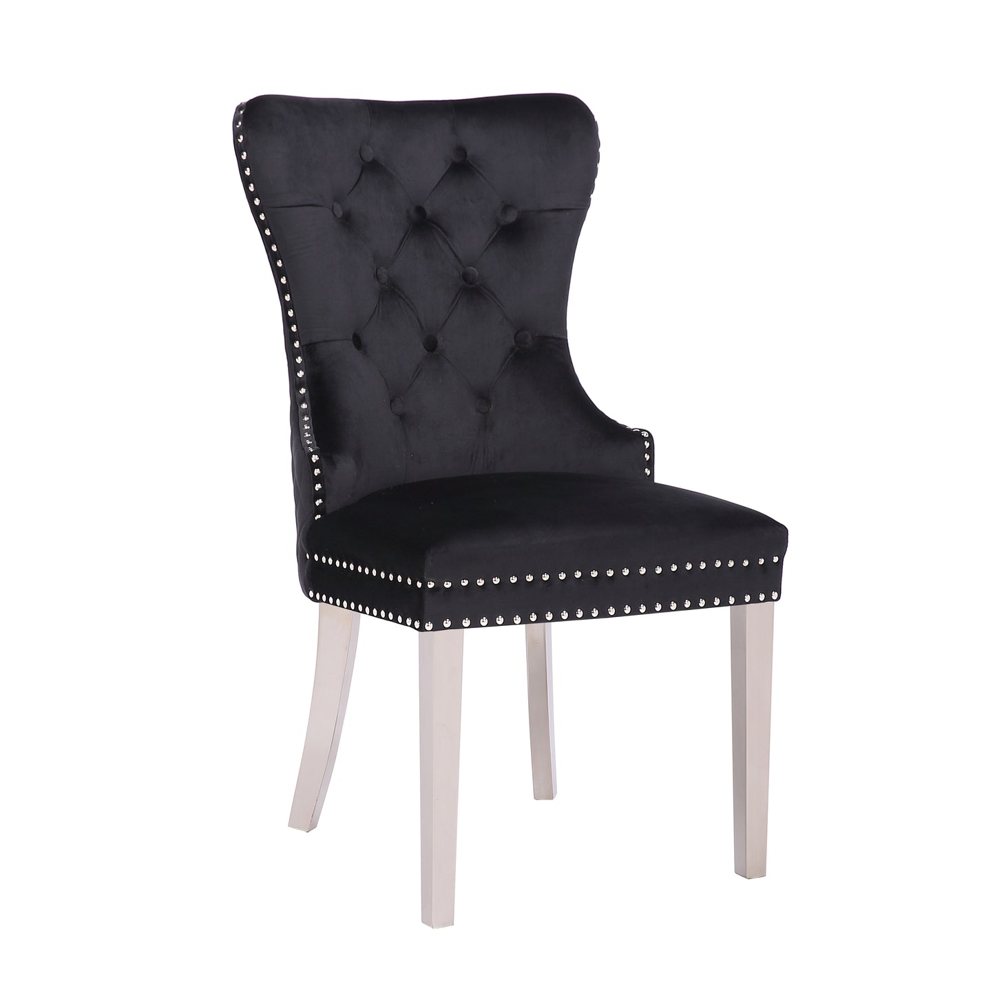 Black velvet dining chair with tufted back and nailhead trim