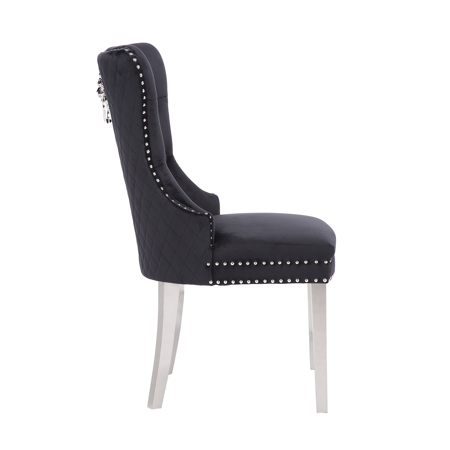 Black velvet tufted accent chair with silver nailhead trim and chrome legs