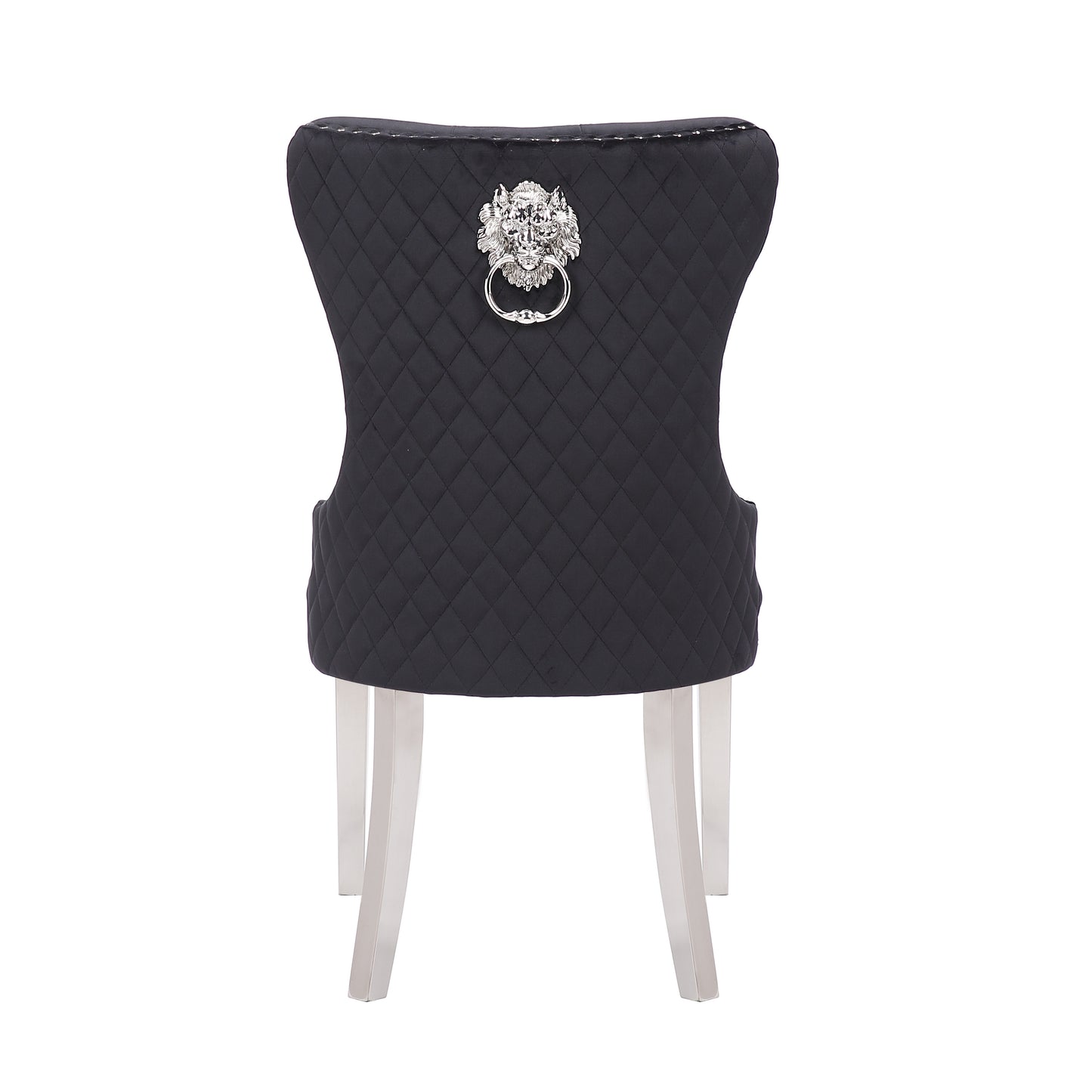 Black quilted upholstered dining chair with silver lion knocker