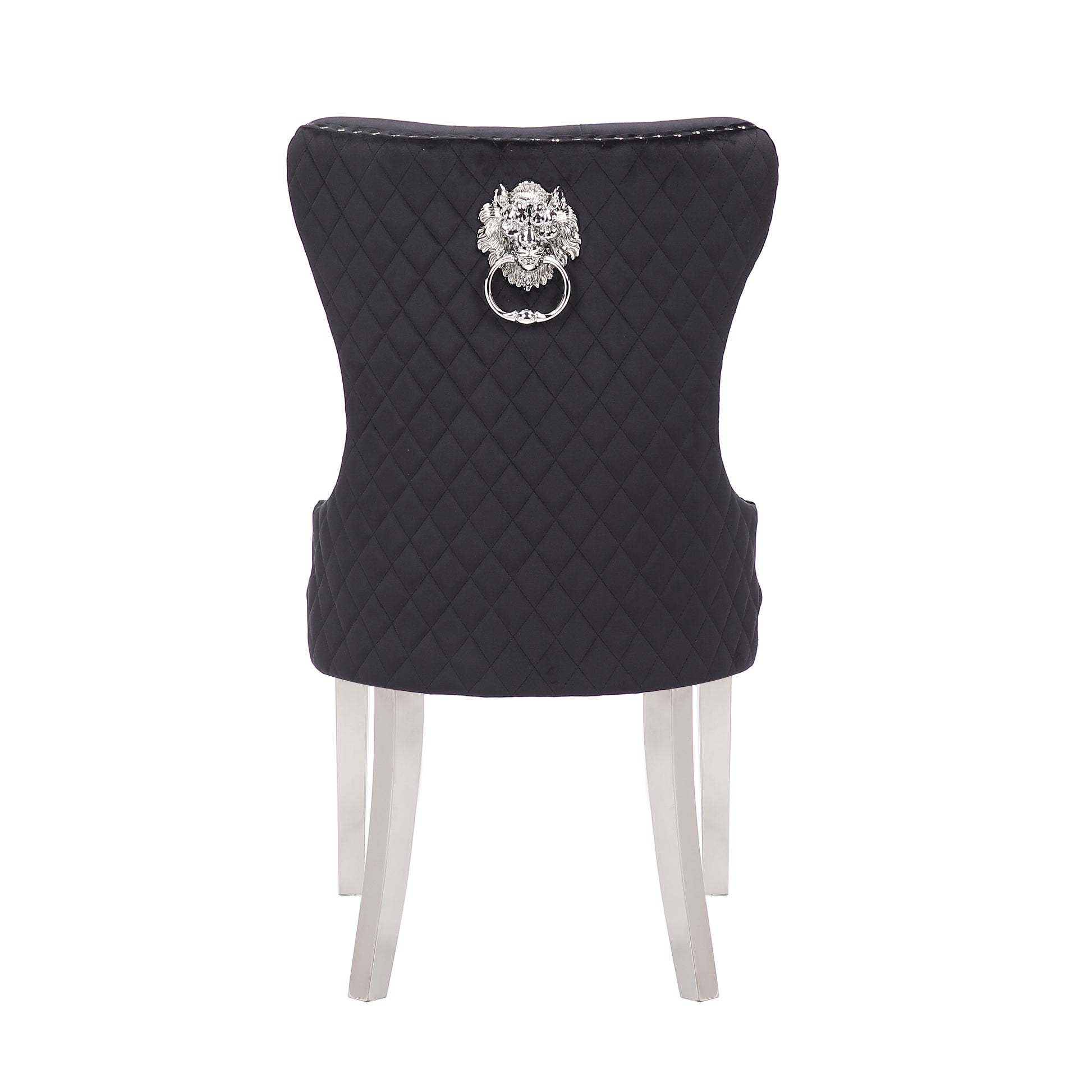 Black quilted upholstered dining chair with silver lion knocker