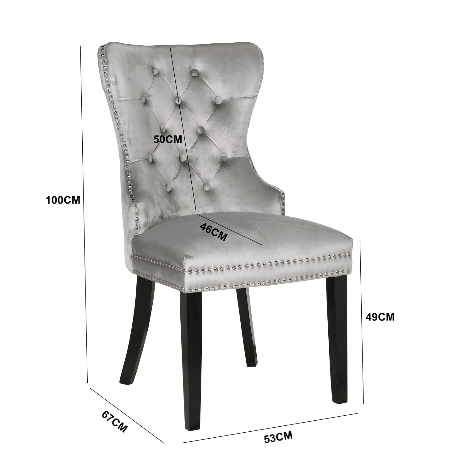 Tufted silver velvet accent chair with silver nailhead trim and dark wood legs