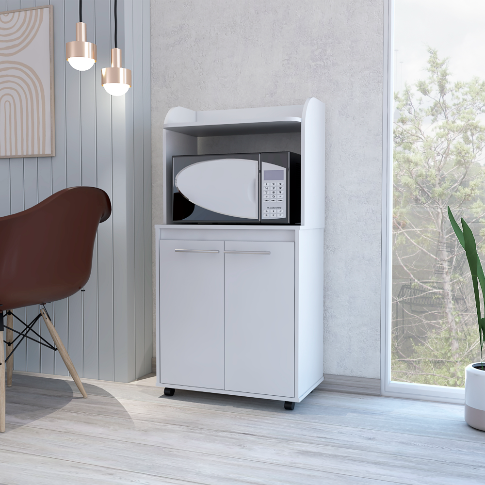 White kitchen microwave cart with cabinet and wheels