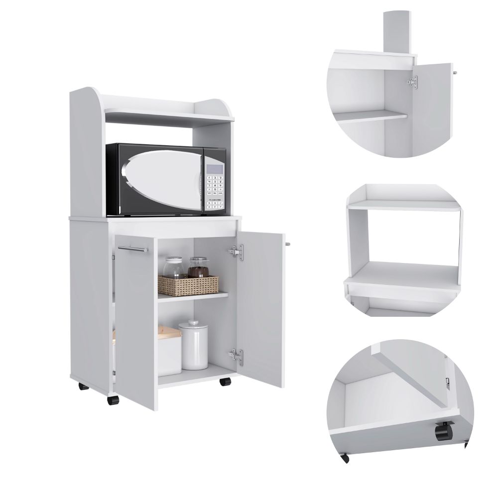White kitchen storage cart with microwave shelf and lower cabinets