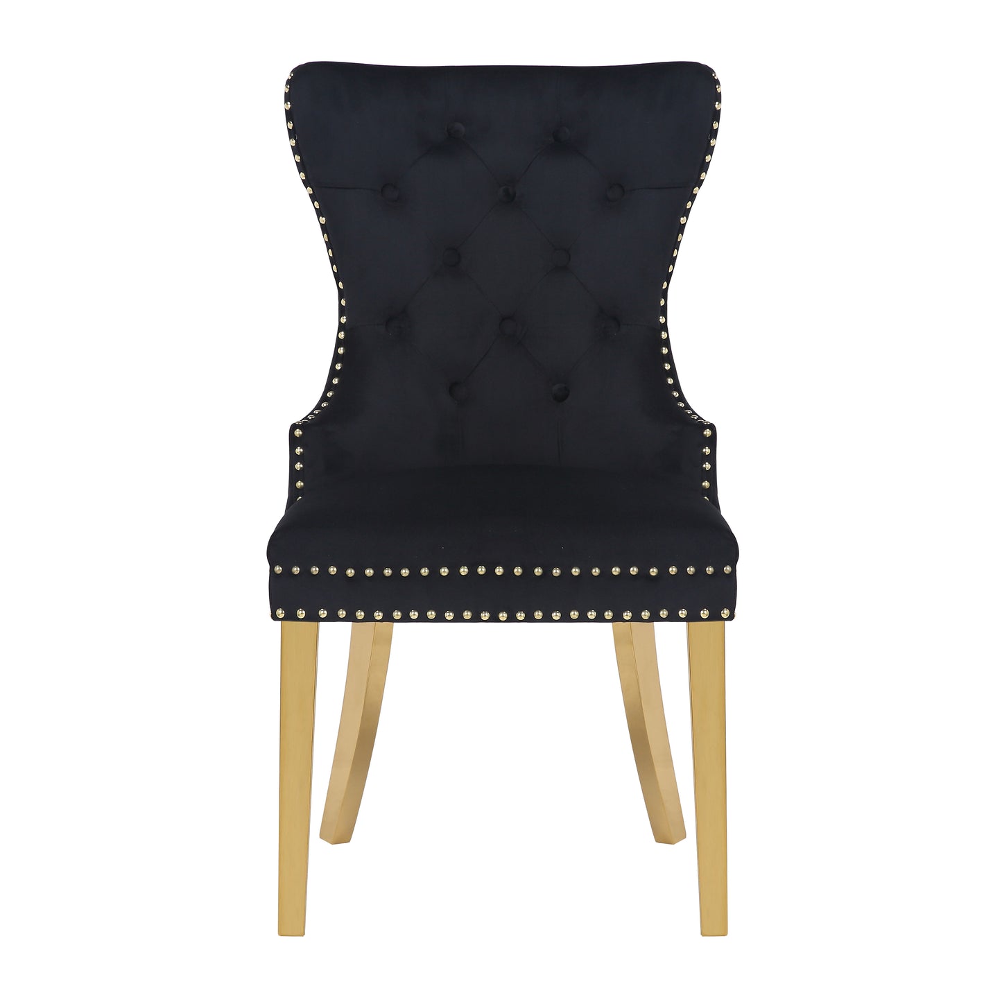 Black velvet dining chair with button tufting and gold studding on gold legs