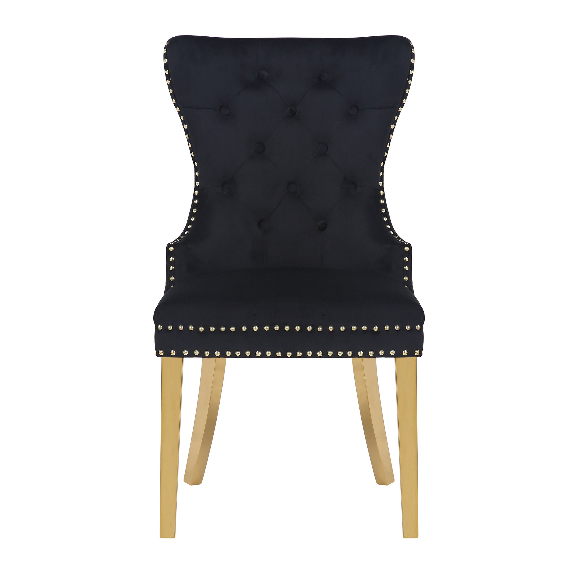 Black velvet dining chair with button tufting and gold studding on gold legs