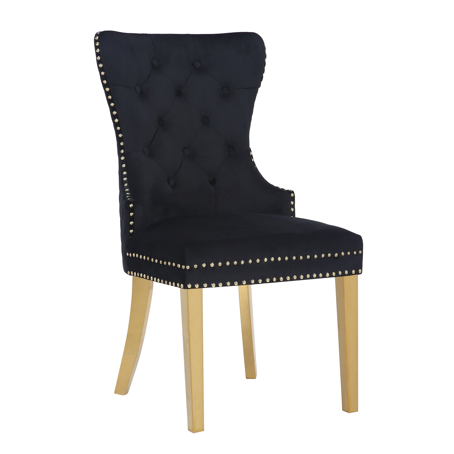 Tufted black velvet accent chair with gold nailhead trim and wooden legs