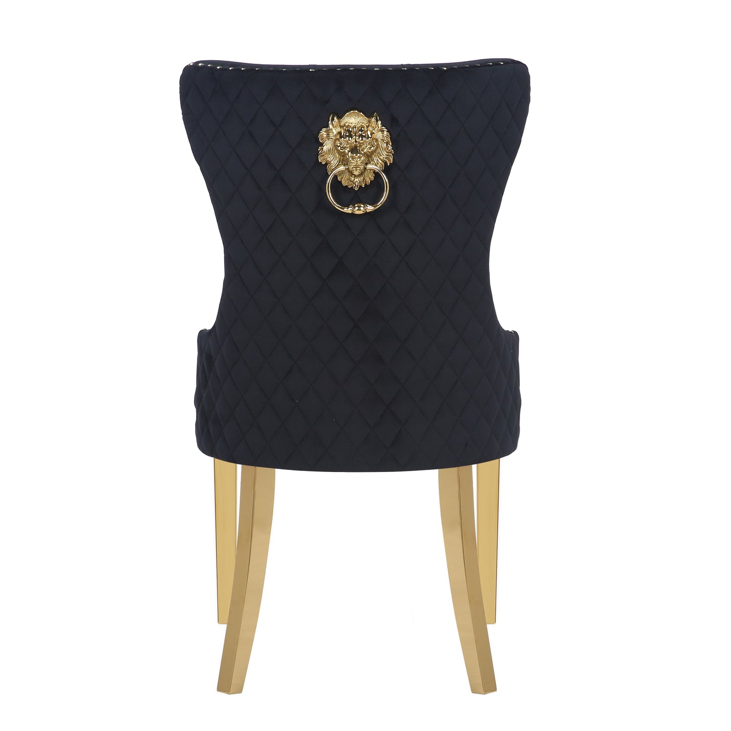 Quilted black velvet dining chair with gold lion knocker and gold legs