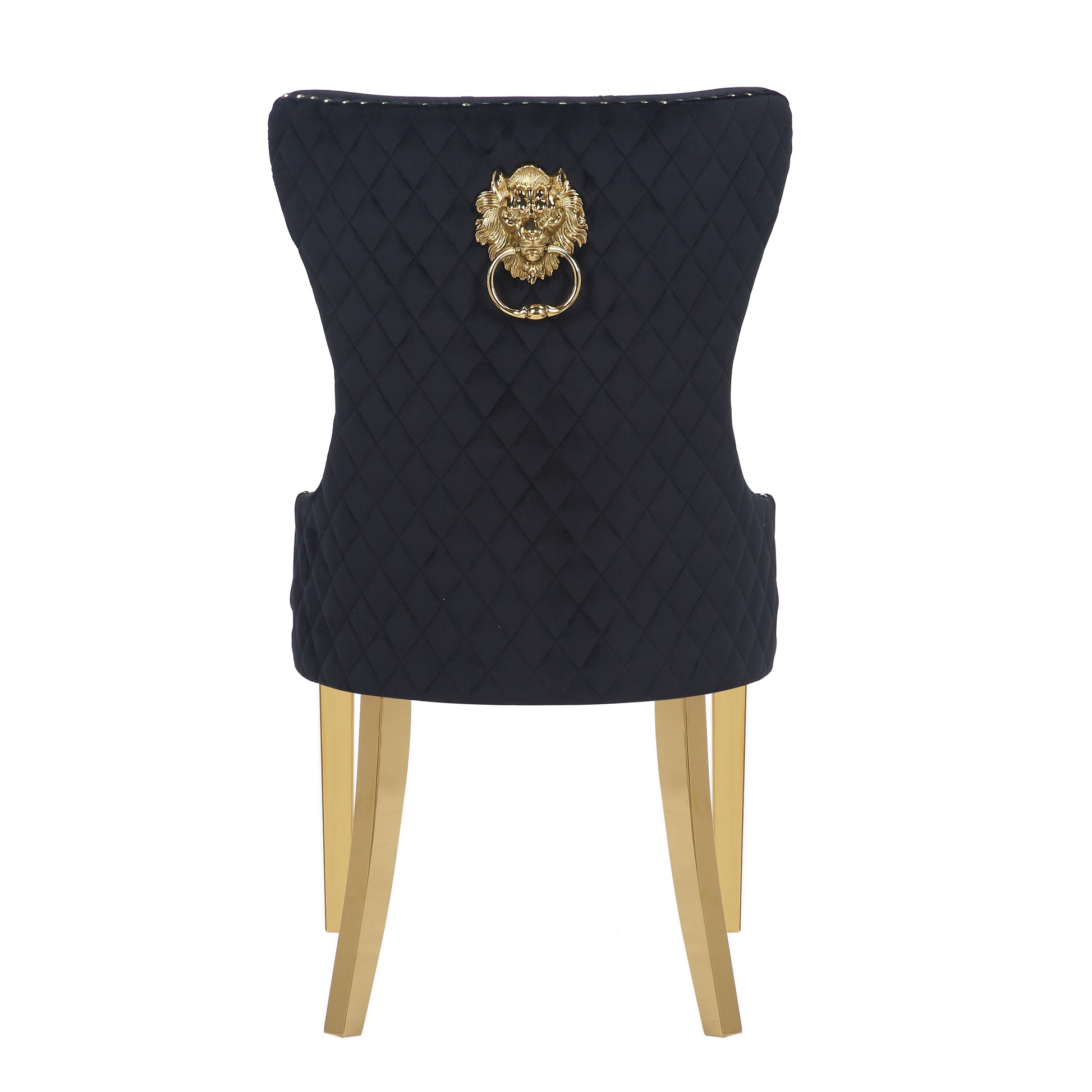 Quilted black velvet dining chair with gold lion knocker and gold legs