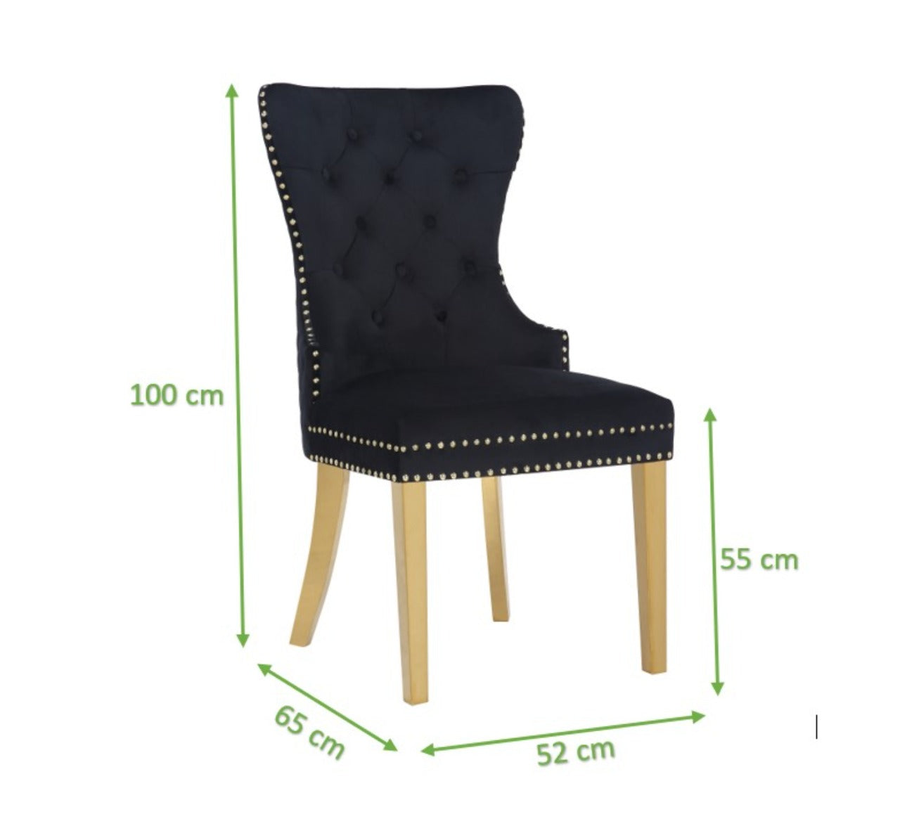 Black velvet dining chair with button tufting and brass nailhead trim
