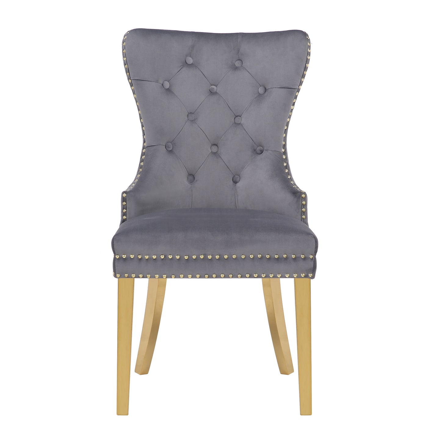Tufted grey velvet dining chair with gold nailhead trim and tapered gold legs
