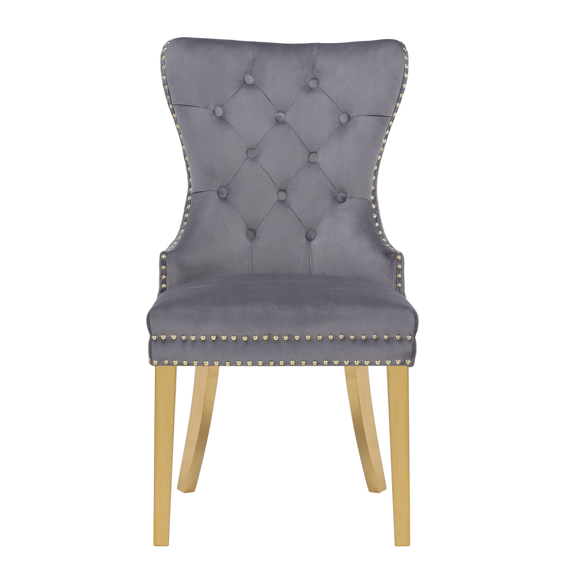 Tufted grey velvet dining chair with gold nailhead trim and tapered gold legs