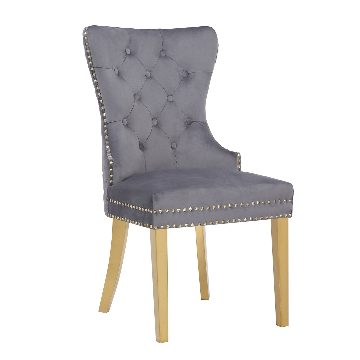 Grey velvet dining chair with tufted back gold nailhead trim and brass legs