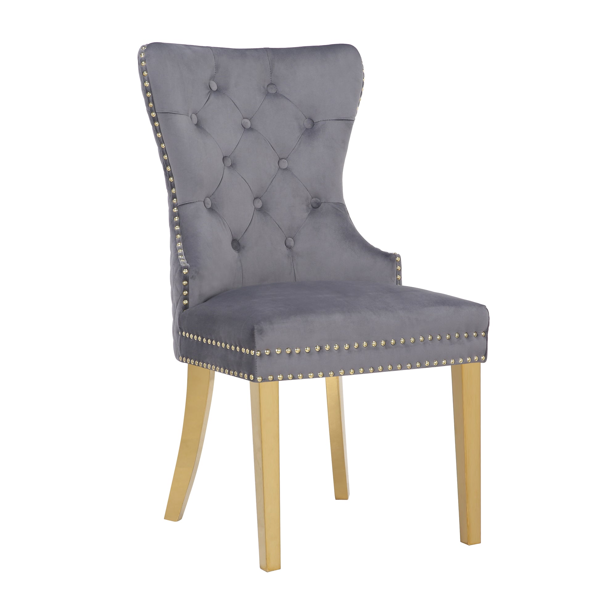Grey velvet dining chair with tufted back gold nailhead trim and brass legs