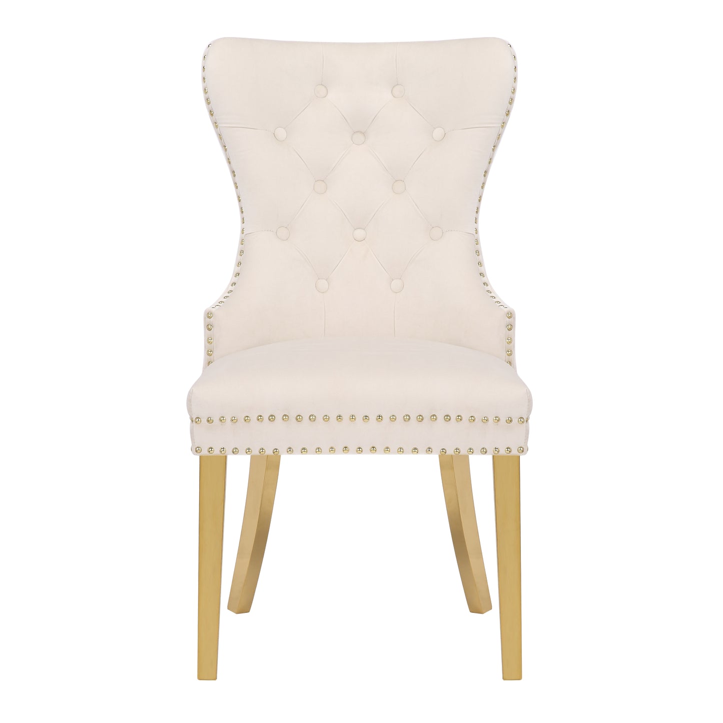 Cream velvet tufted dining chair with gold nailhead trim and gold legs