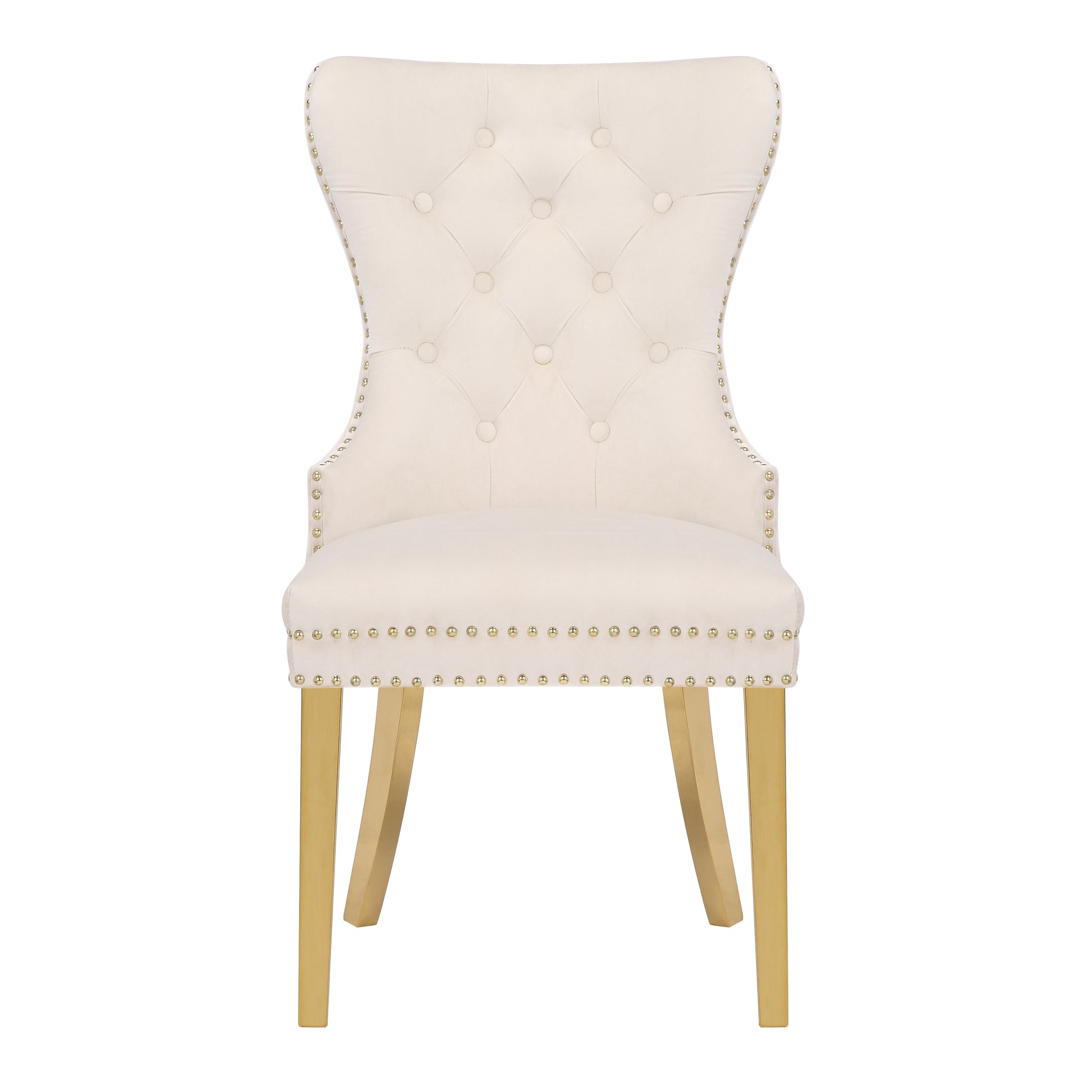 Cream velvet tufted dining chair with gold nailhead trim and gold legs