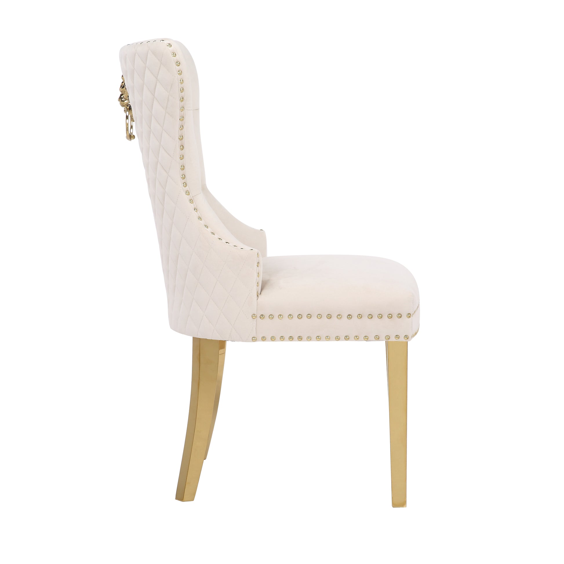 Cream velvet accent chair with diamond tufting and gold legs