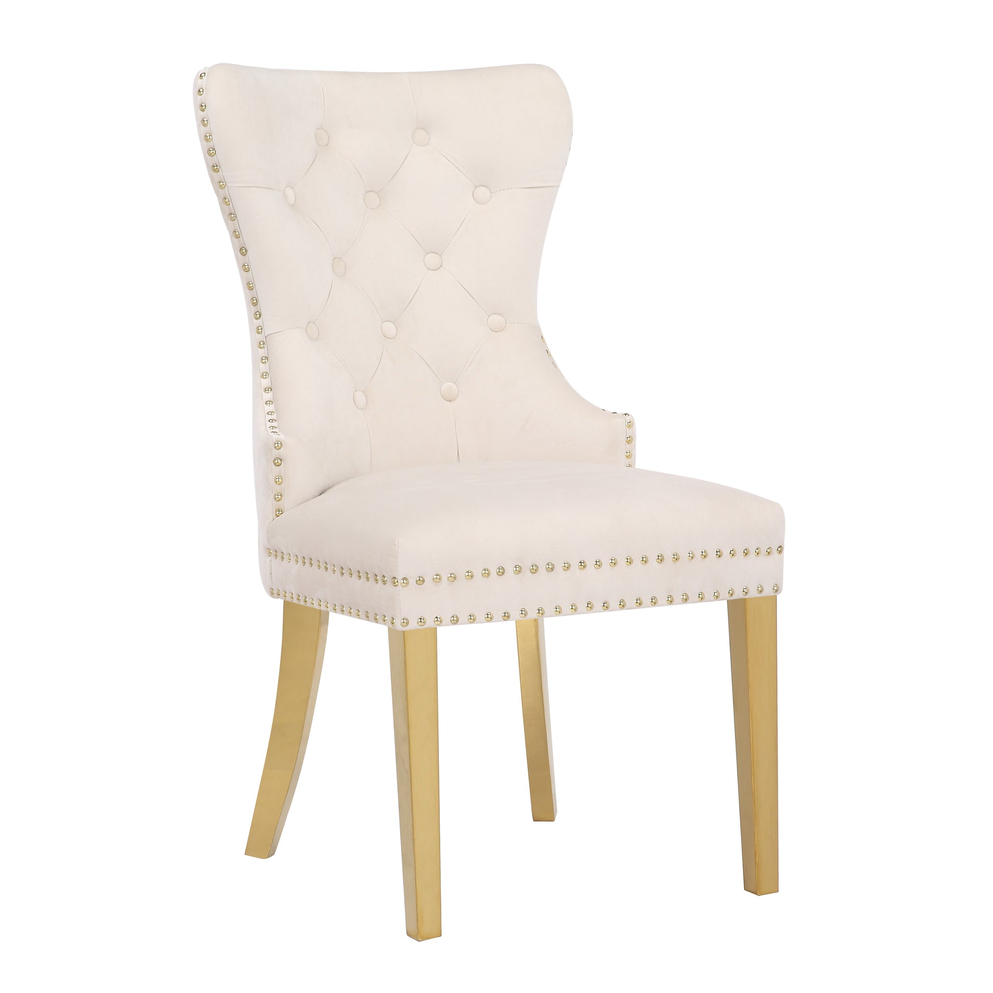 Cream velvet dining chair with gold nailhead trim and gold legs