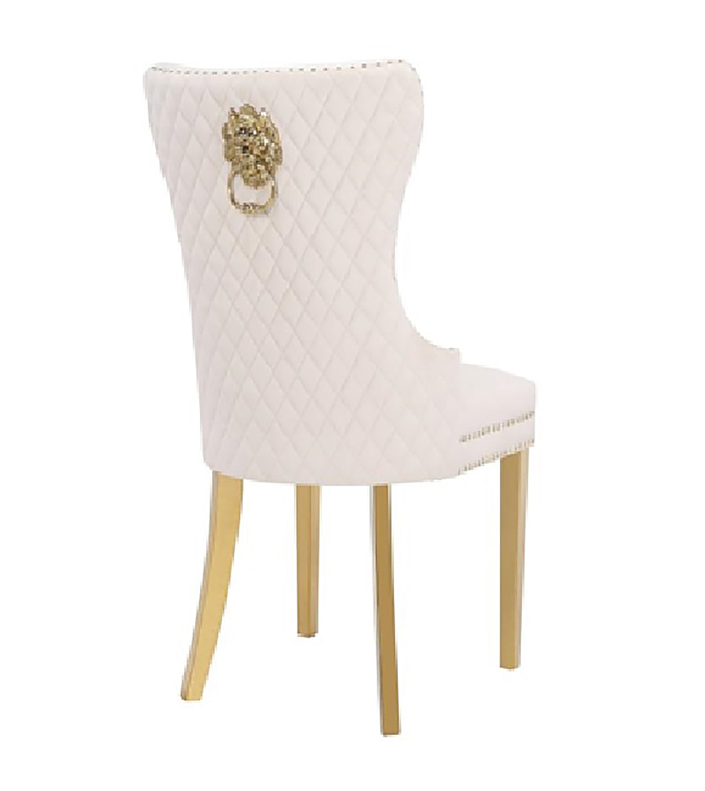 Cream velvet dining chair with diamond tufting and ornate gold lion knocker