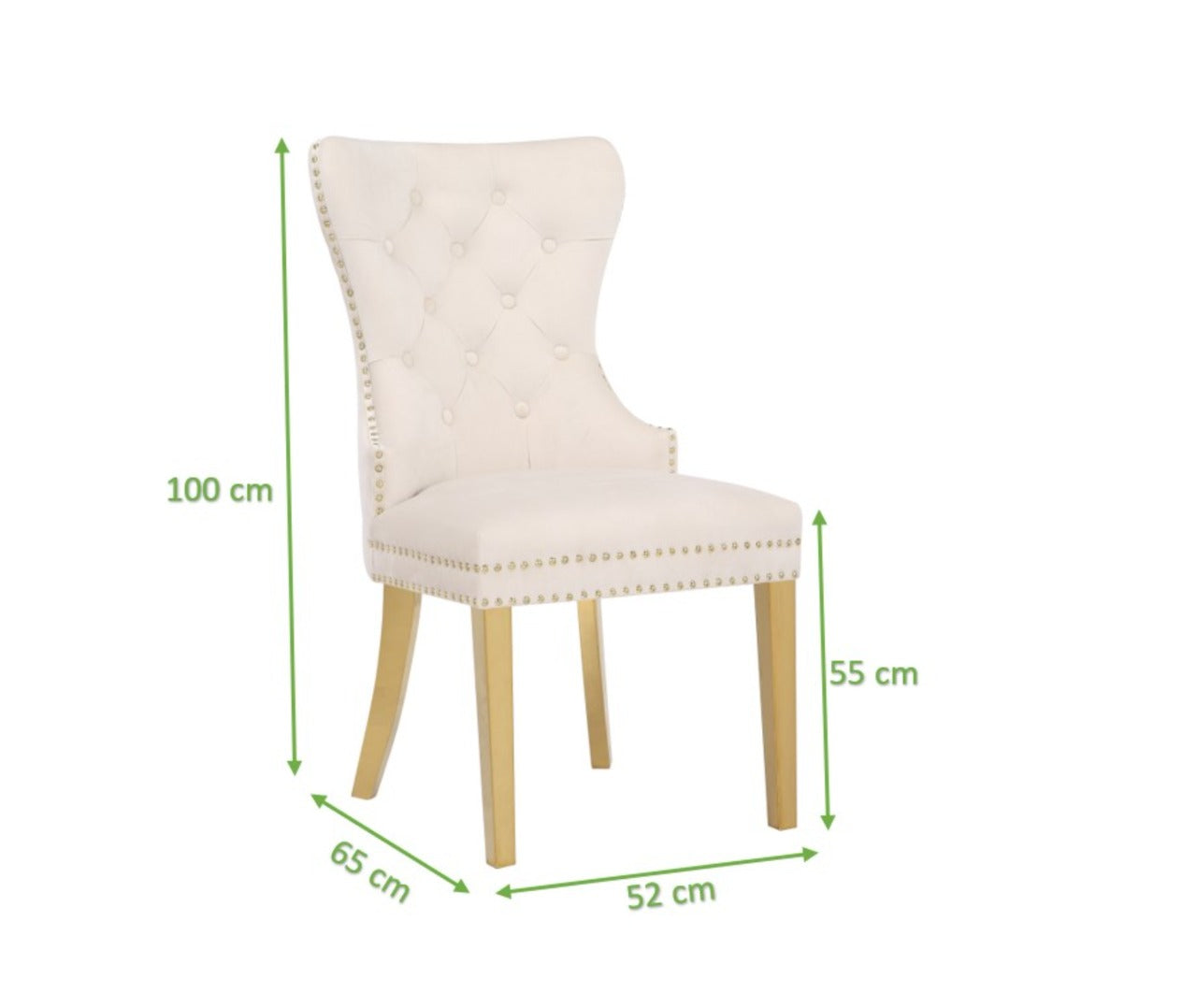 Cream upholstered dining chair with diamond tufting and gold nailhead trim