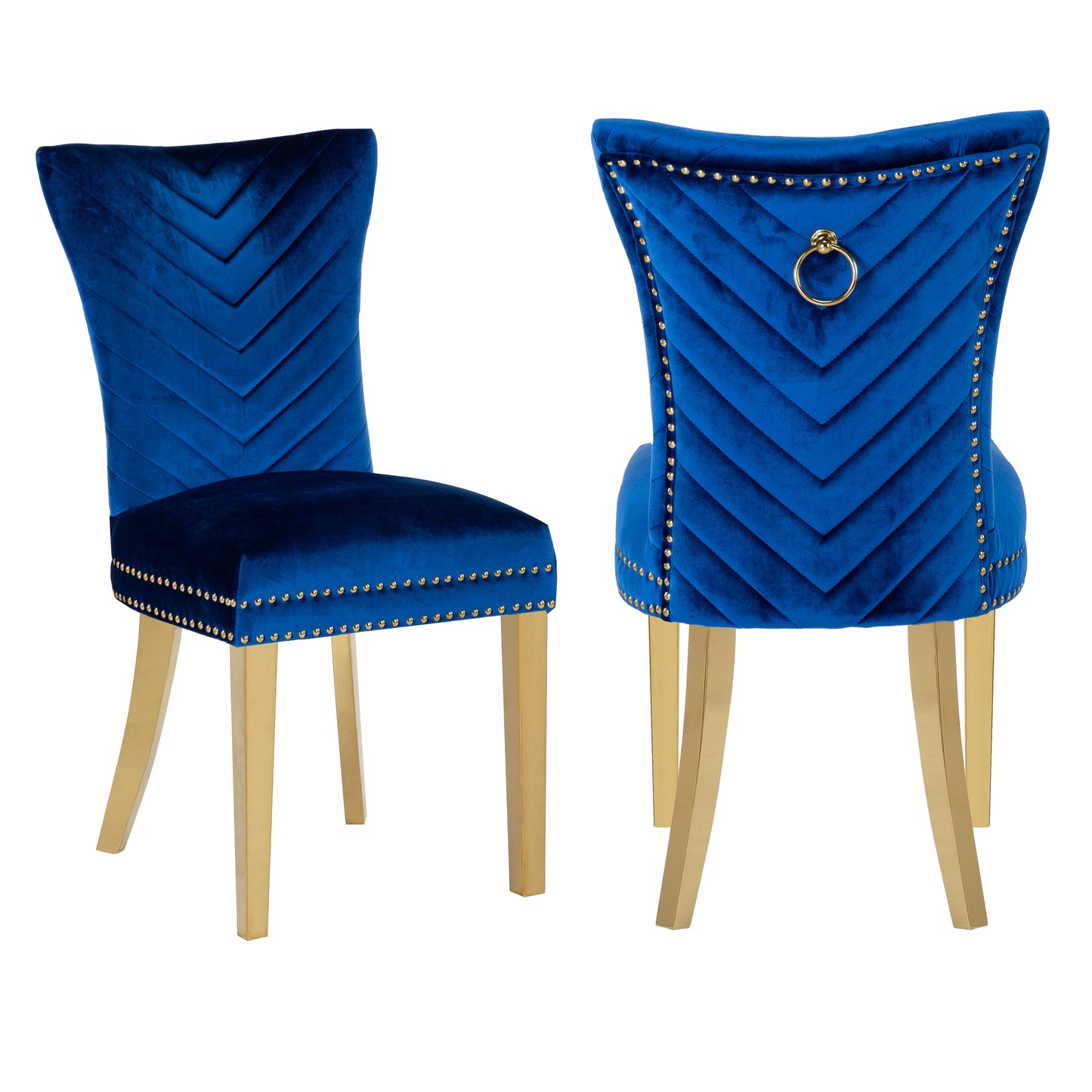 Royal blue velvet accent chair with gold studded trim and tapered legs