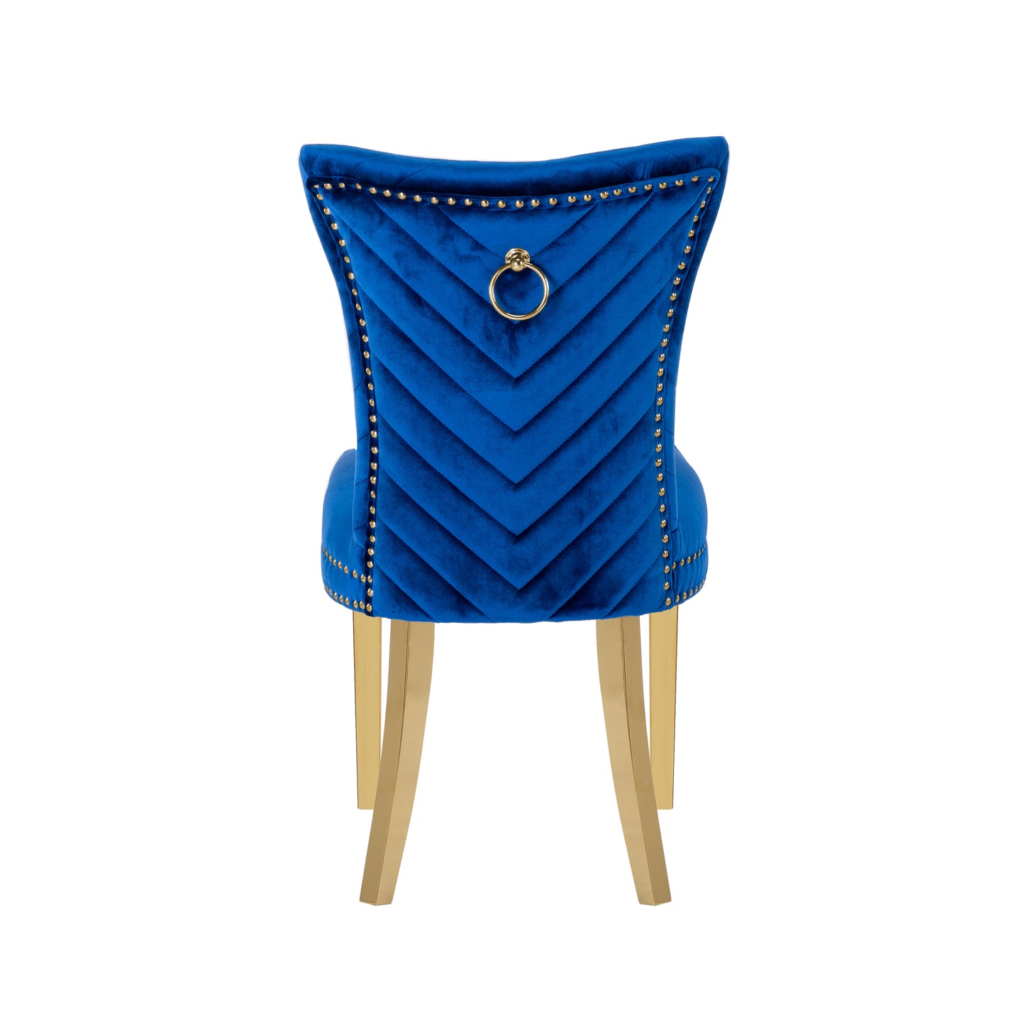 Luxurious royal blue velvet dining chair with gold ring pull and brass legs