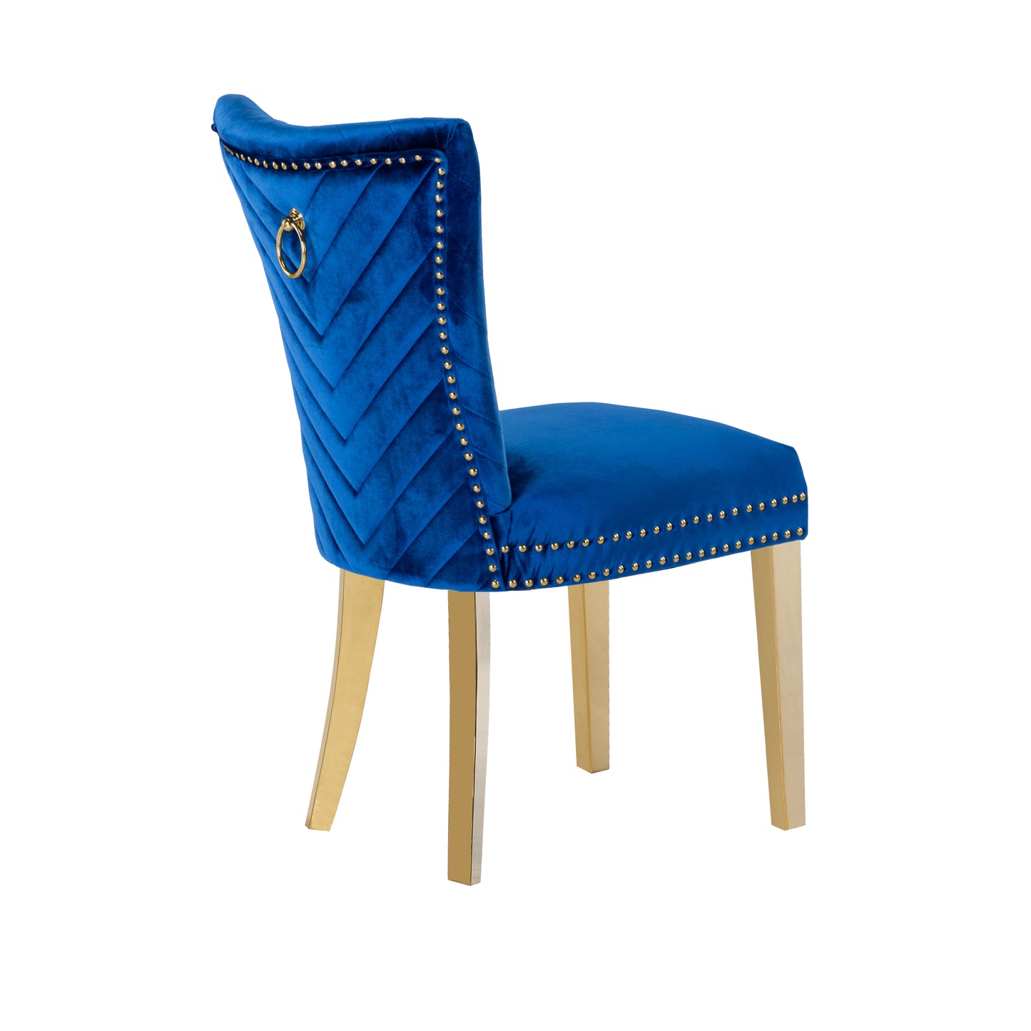 Royal blue velvet dining chair with gold nailhead trim and ring pull detail