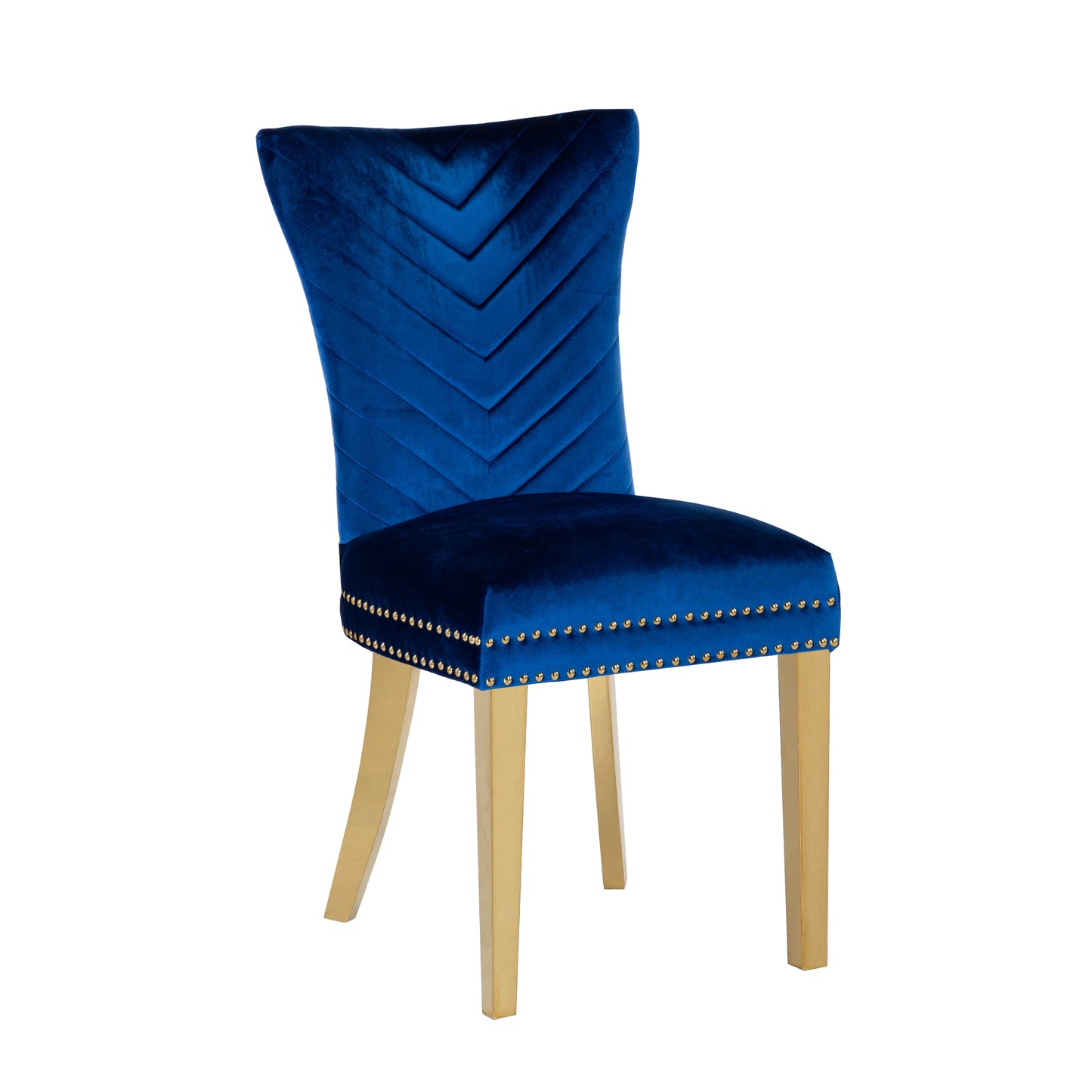 Deep blue velvet dining chair with chevron back and gold nailhead trim